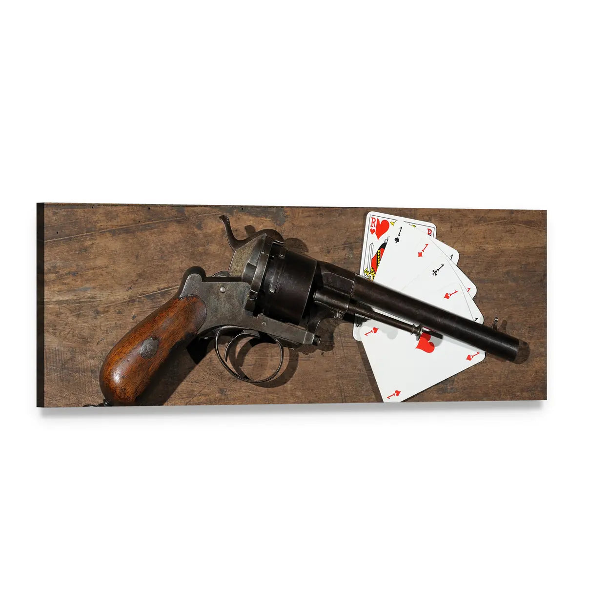 Antique Revolver with Playing Cards Panoramic Canvas Wall Art, single panel gallery wrapped canvas, angled product view