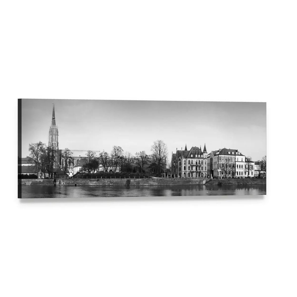 Wroclaw Cathedral River Reflection Panoramic Canvas Wall Art, single panel gallery wrapped canvas, angled product view