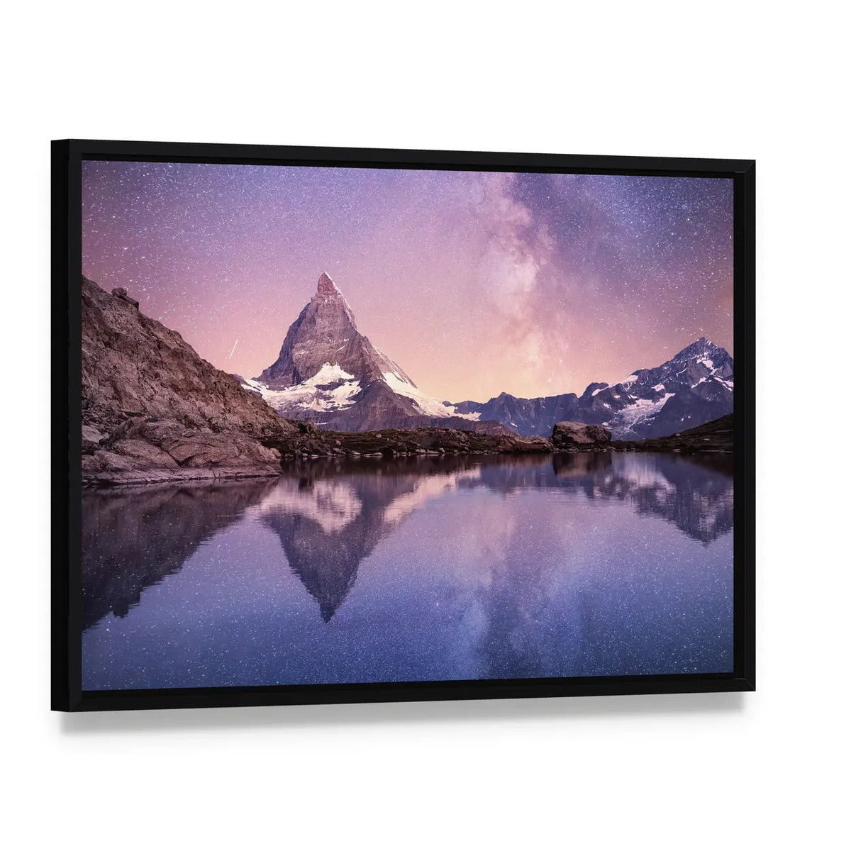 Milky Way Over Matterhorn Canvas Wall Art, framed canvas in a black floater frame, angled product view