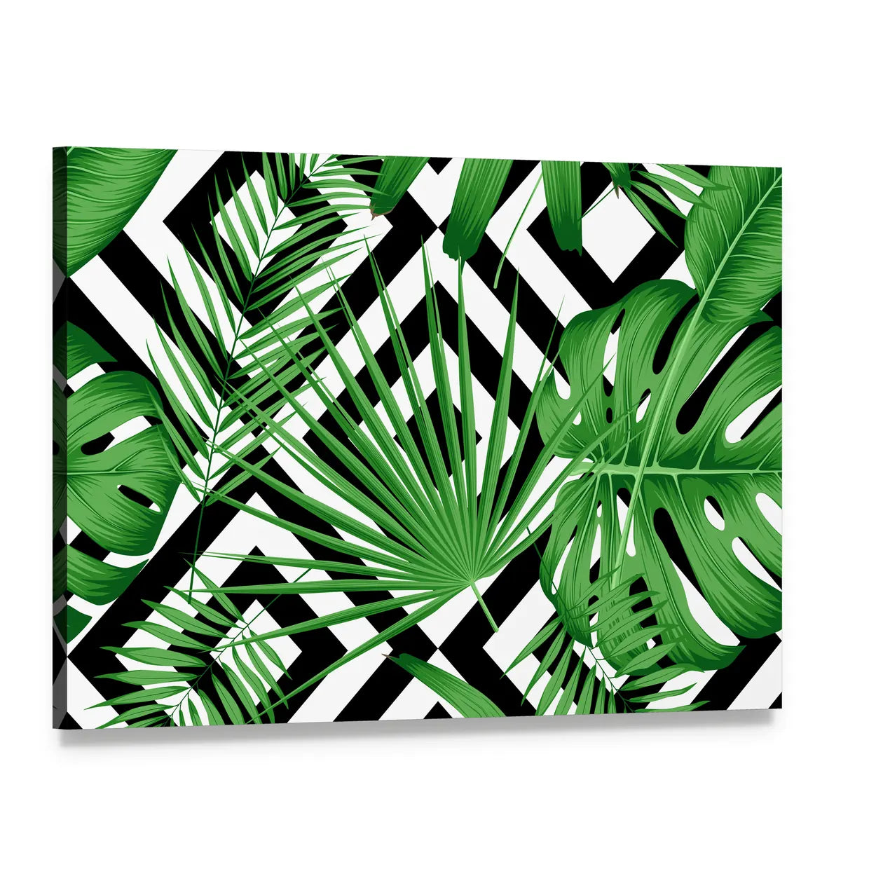 Geometric Tropical Leaves Pattern Canvas Wall Art, single panel gallery wrapped canvas, angled product view
