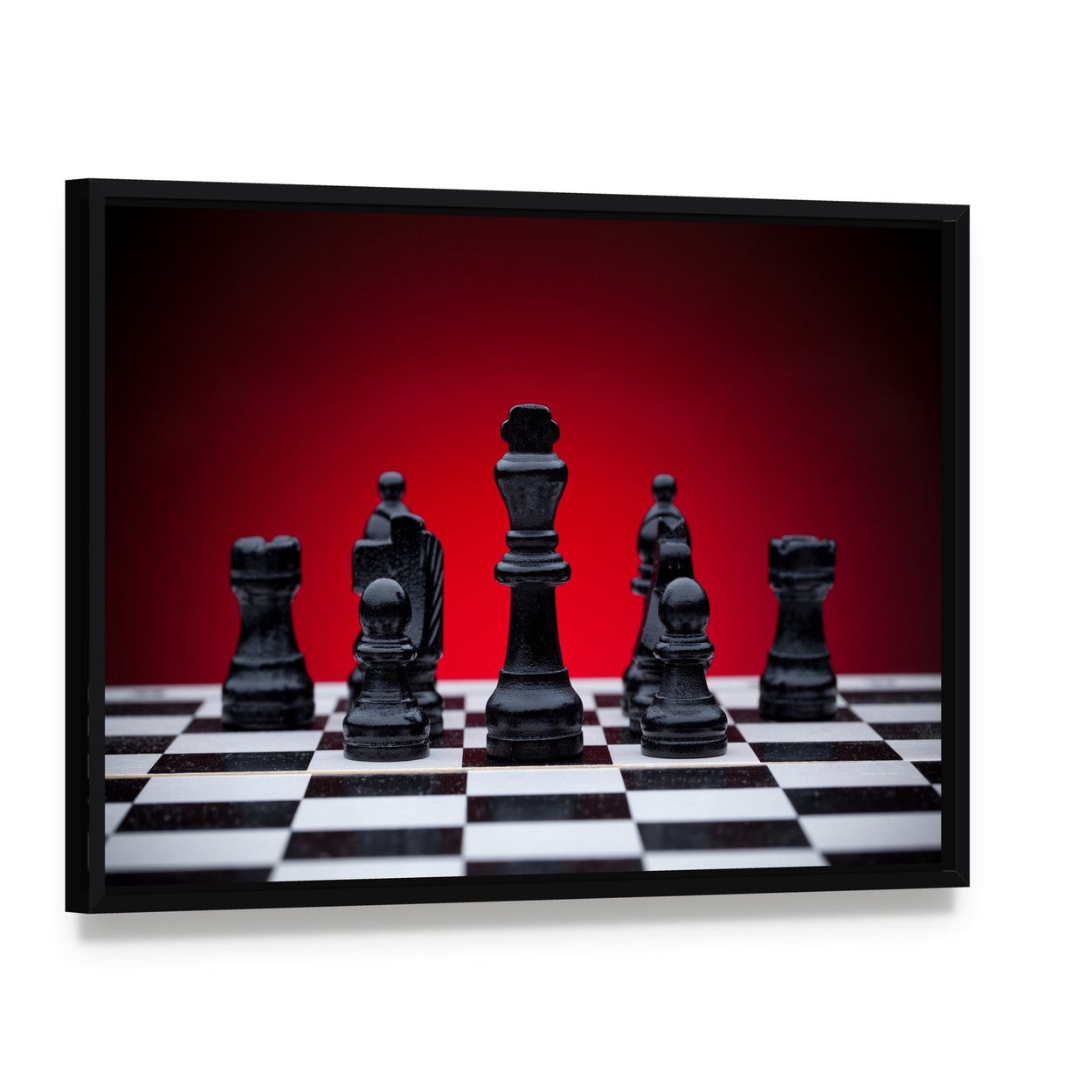 Black Chess Pieces Canvas Wall Art, framed canvas in a black floater frame, angled product view