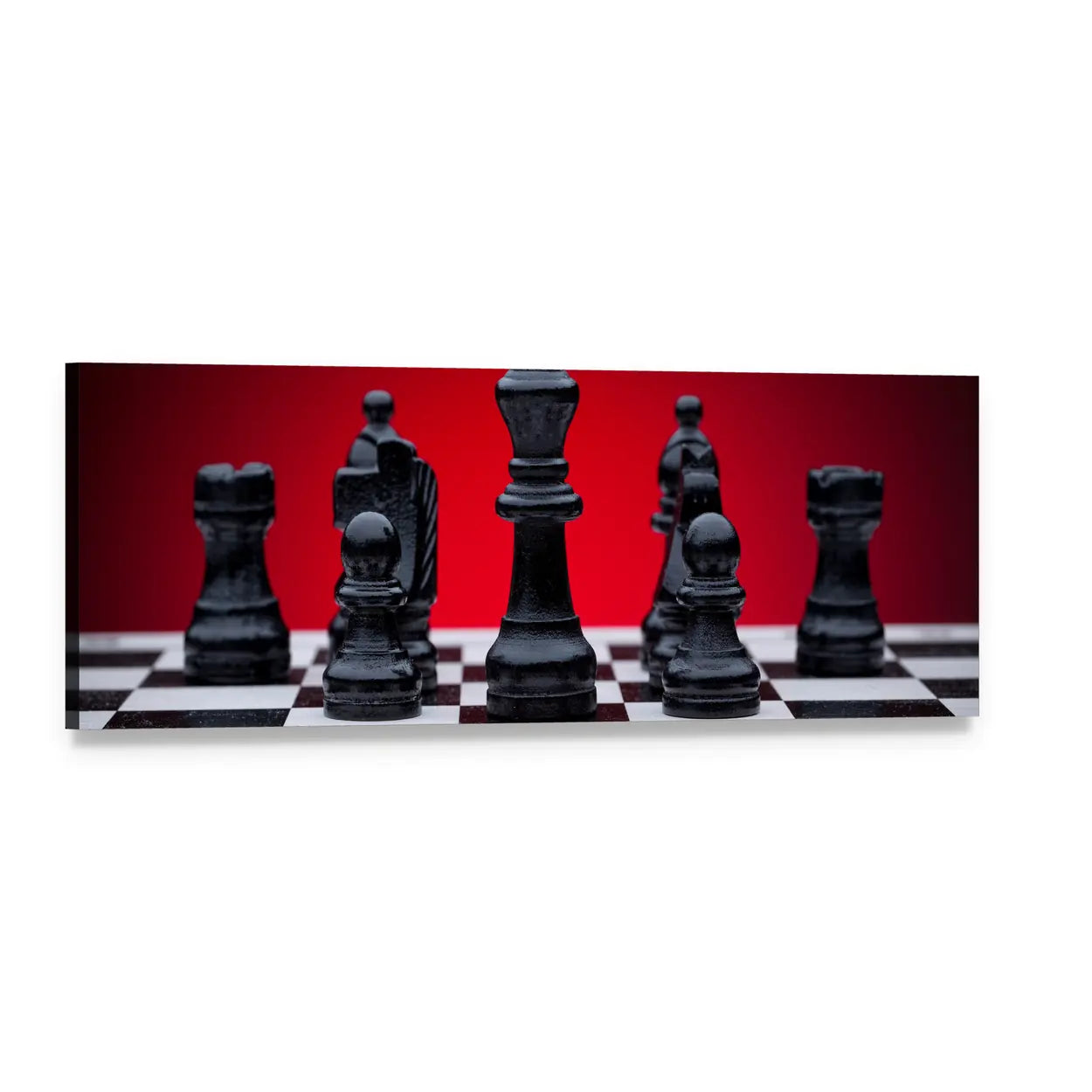 Black Chess Pieces on Checkered Board Panoramic Canvas Wall Art, single panel gallery wrapped canvas, angled product view
