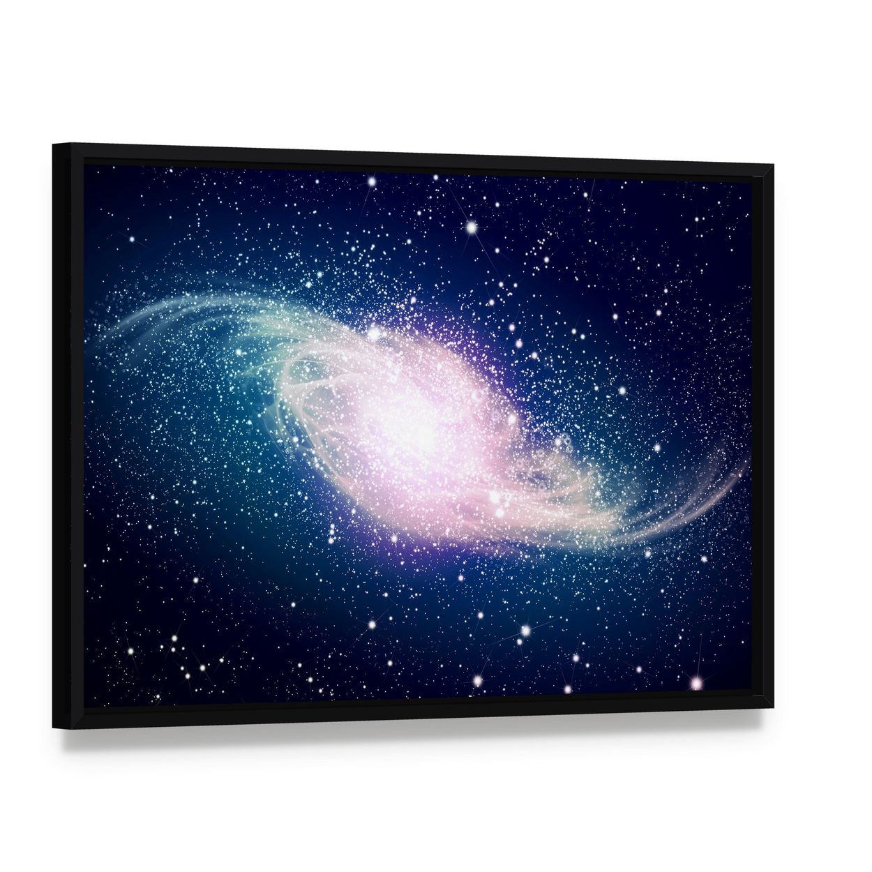 Glowing Galaxy Against Black Space Canvas Wall Art, framed canvas in a black floater frame, angled product view