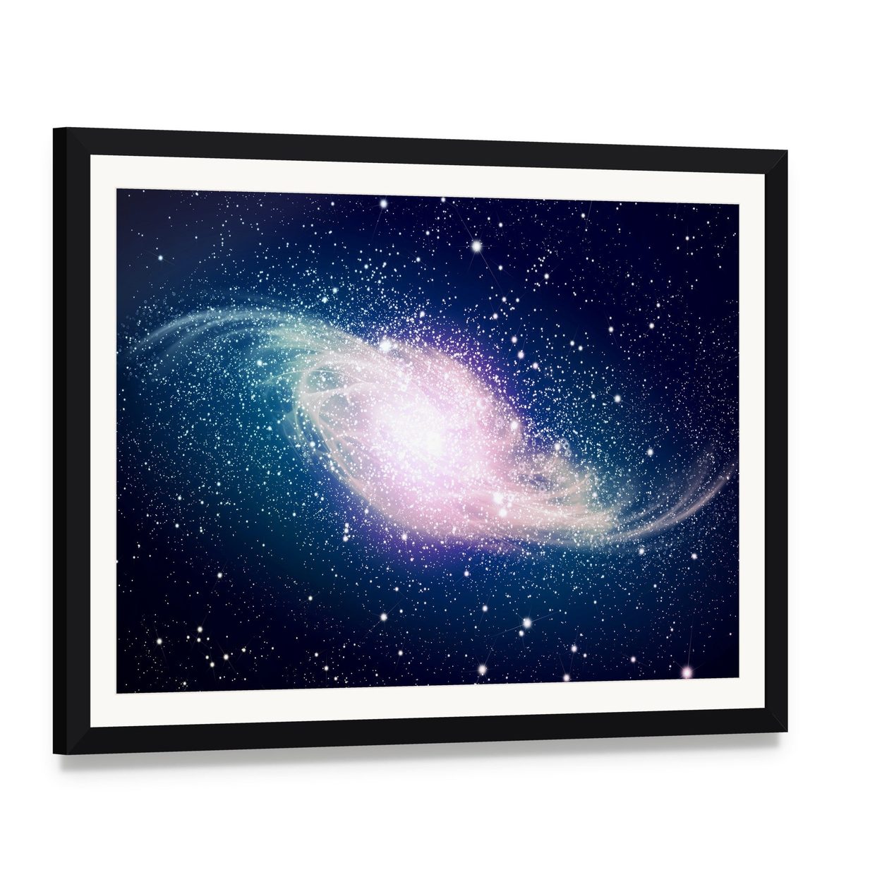 Glowing Galaxy Against Black Space Canvas Wall Art, framed print with white mat and black frame, angled product view