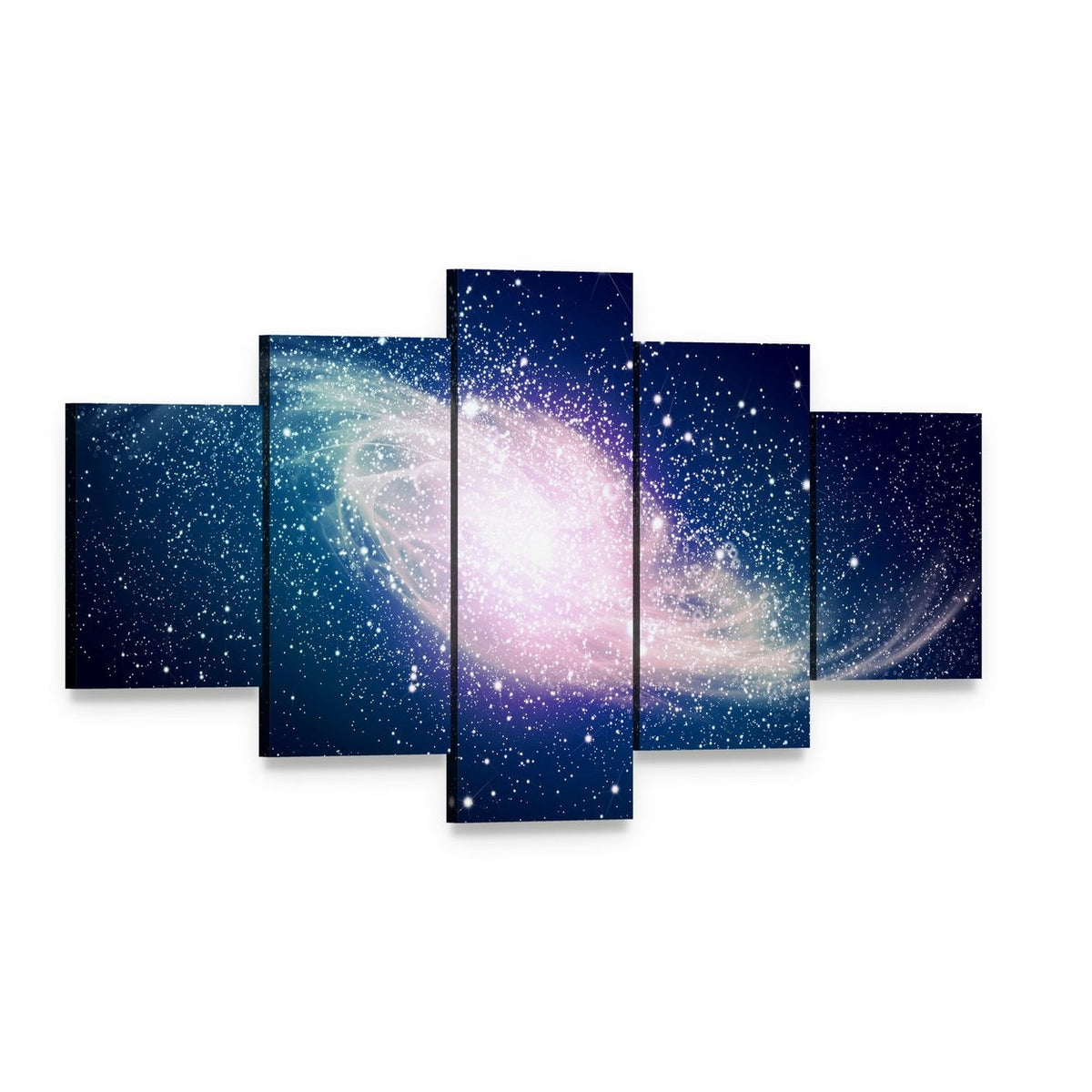 Glowing Galaxy Against Black Space Canvas Wall Art, 5 panel 5 Star layout gallery wrapped canvas set, angled product view