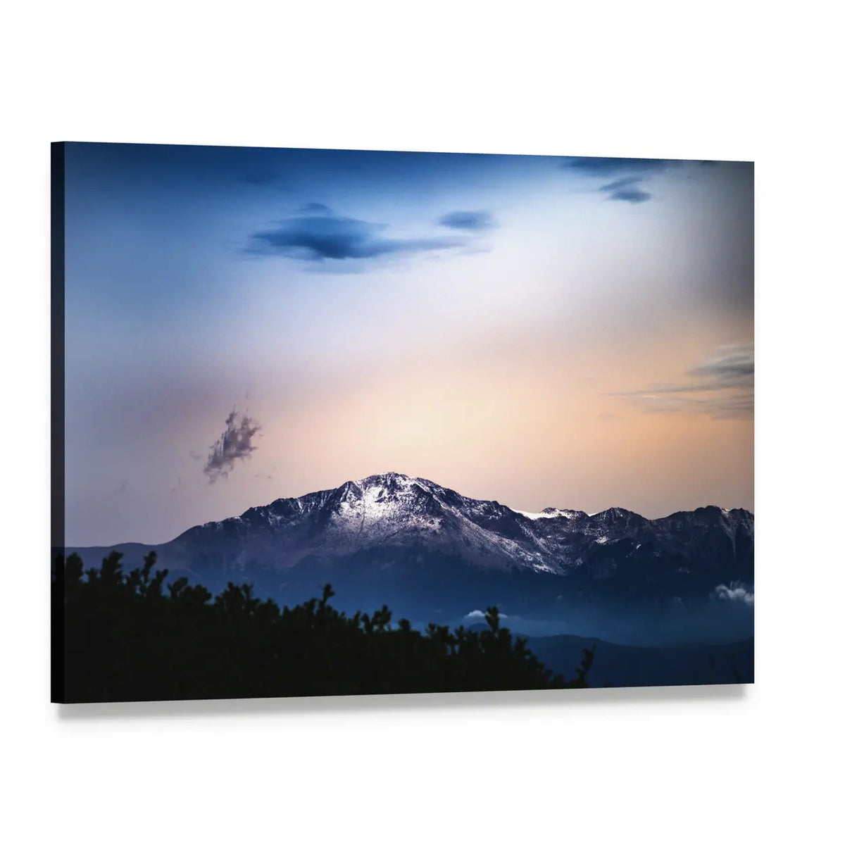Snow-capped Pikes Peak at Twilight Canvas Wall Art, single panel gallery wrapped canvas, angled product view