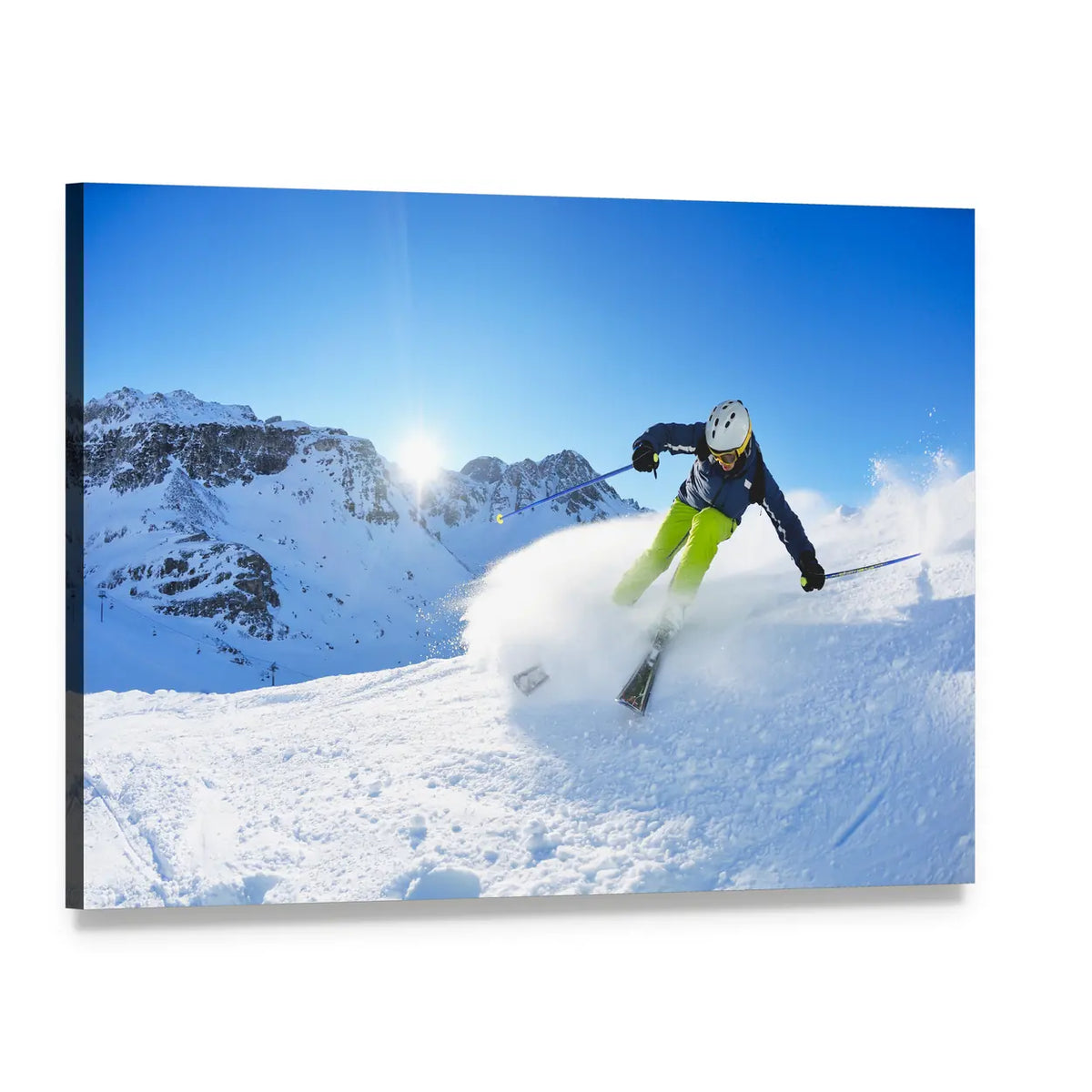 Downhill Skier Carving on Snowy Mountain Canvas Wall Art, single panel gallery wrapped canvas, angled product view