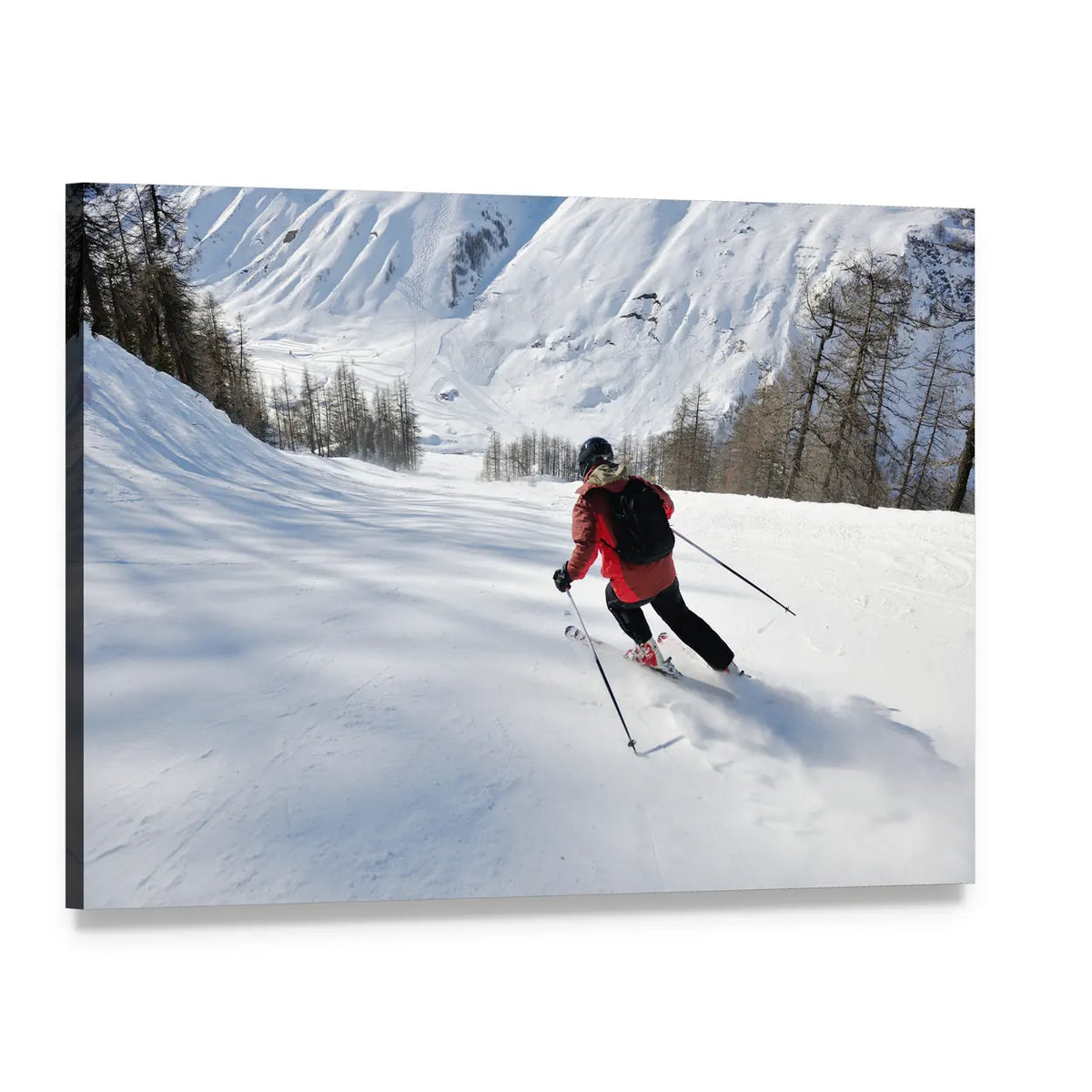 Downhill Skier in Red Jacket Canvas Wall Art, single panel gallery wrapped canvas, angled product view