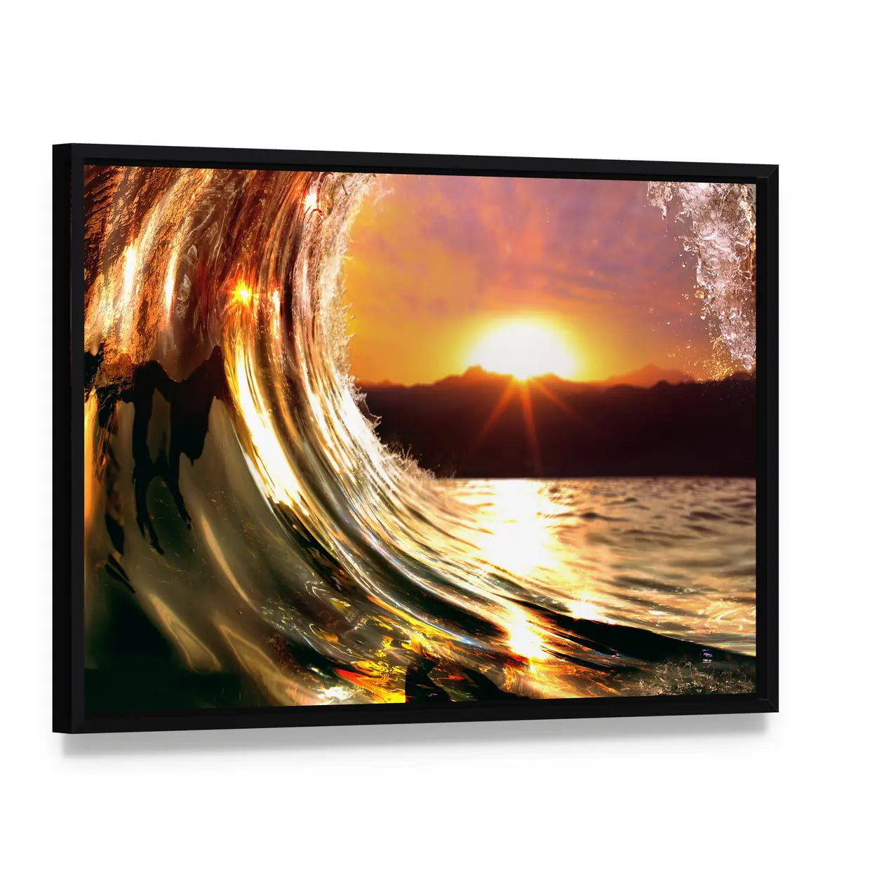 Rising Sun Ocean Wave Canvas Wall Art, framed canvas in a black floater frame, angled product view