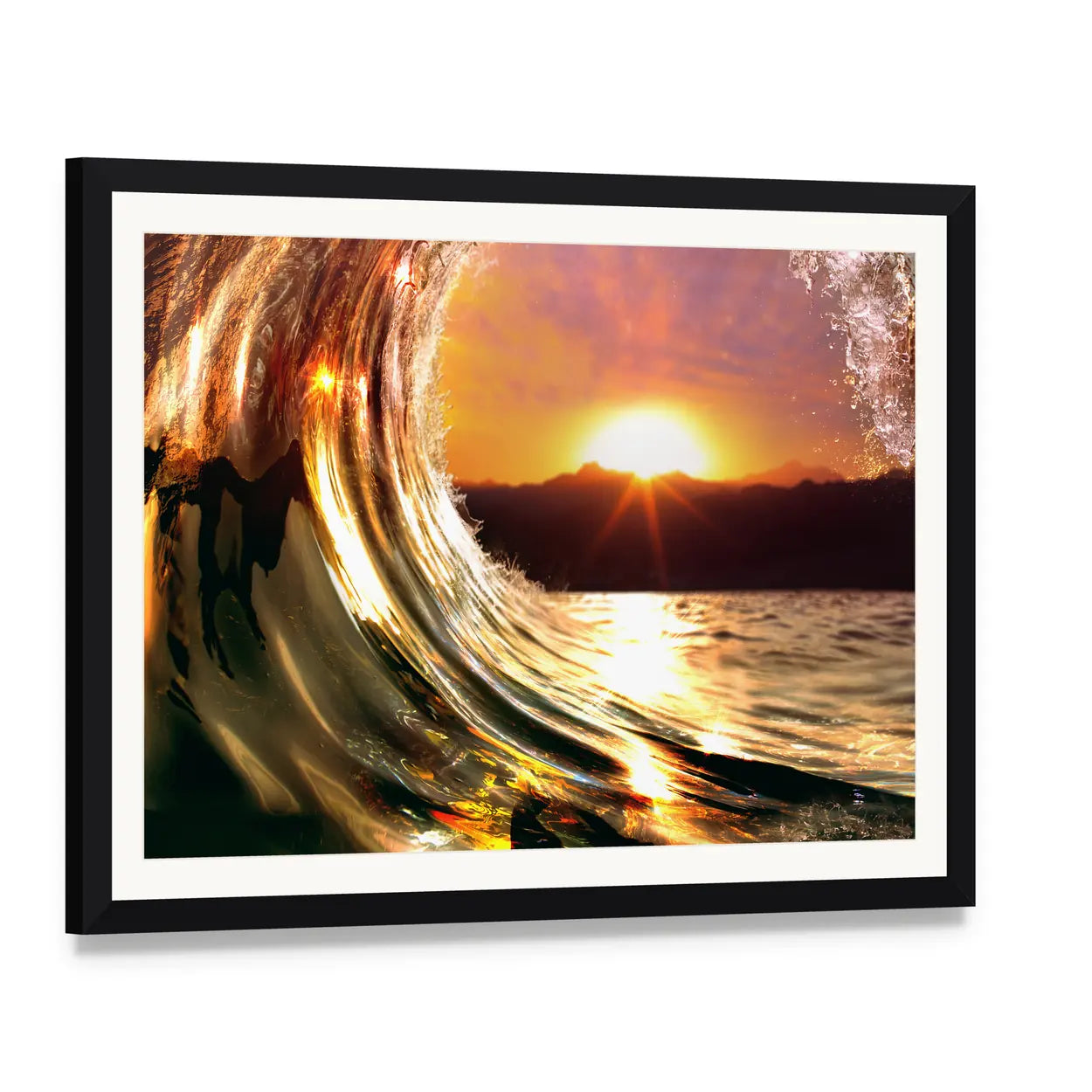 Rising Sun Ocean Wave Canvas Wall Art, framed print with white mat and black frame, angled product view