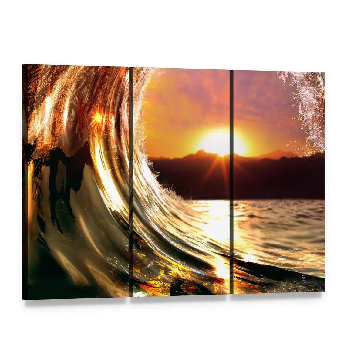 Rising Sun Ocean Wave Canvas Wall Art, 3 panel 3 Horizontal layout gallery wrapped canvas set, angled product view