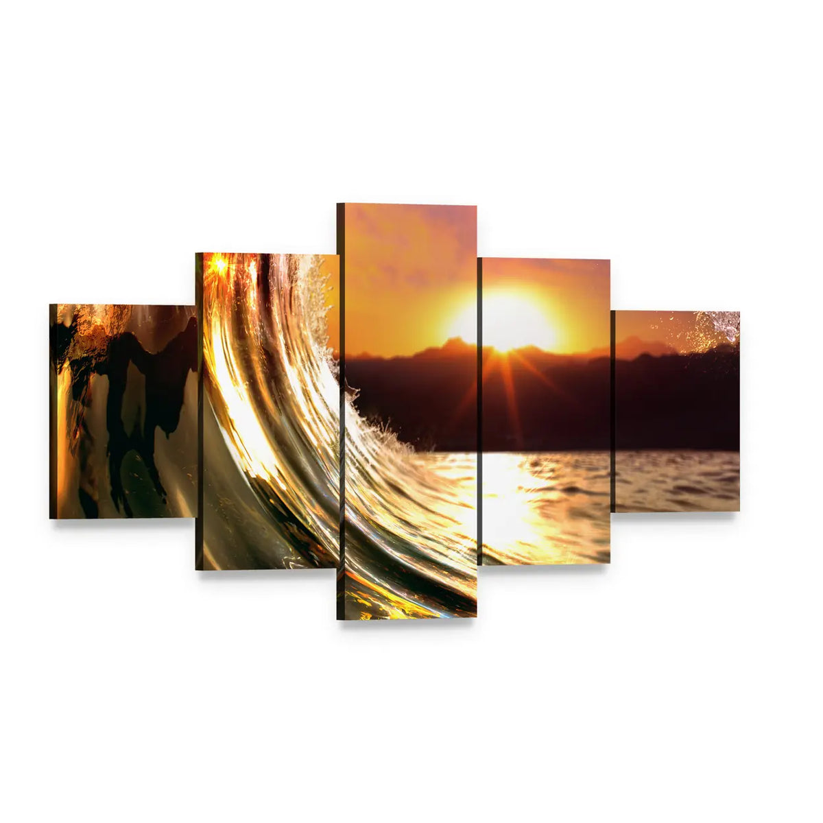 Rising Sun Ocean Wave Canvas Wall Art, 5 panel 5 Star layout gallery wrapped canvas set, angled product view