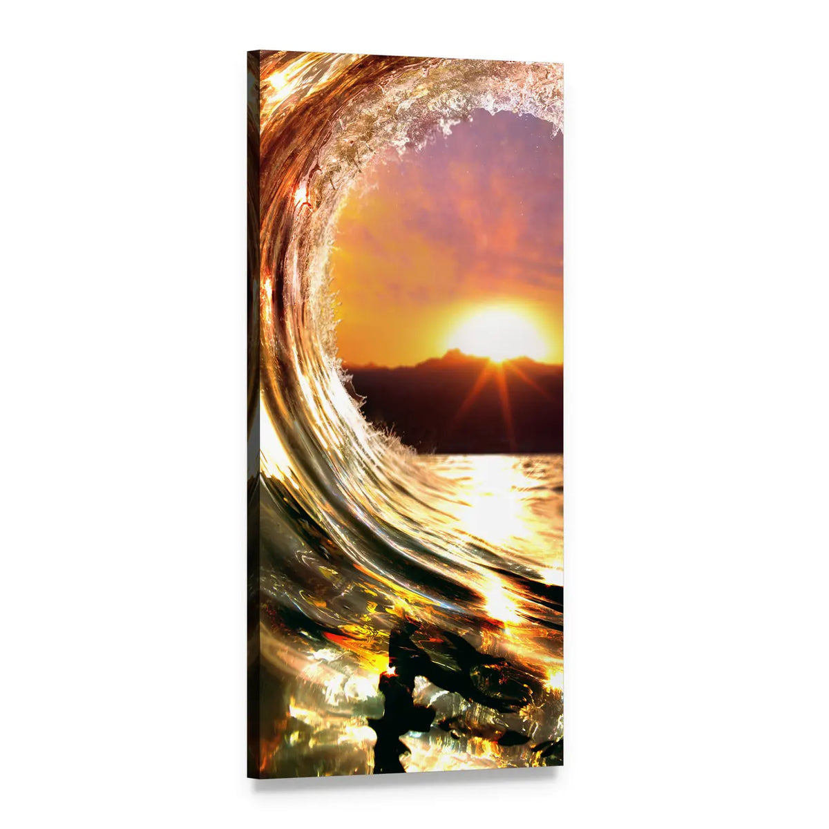 Sunset Ocean Wave Barrel Vertical Canvas Wall Art, 1 panel 1 Vertical layout gallery wrapped canvas set, angled product view