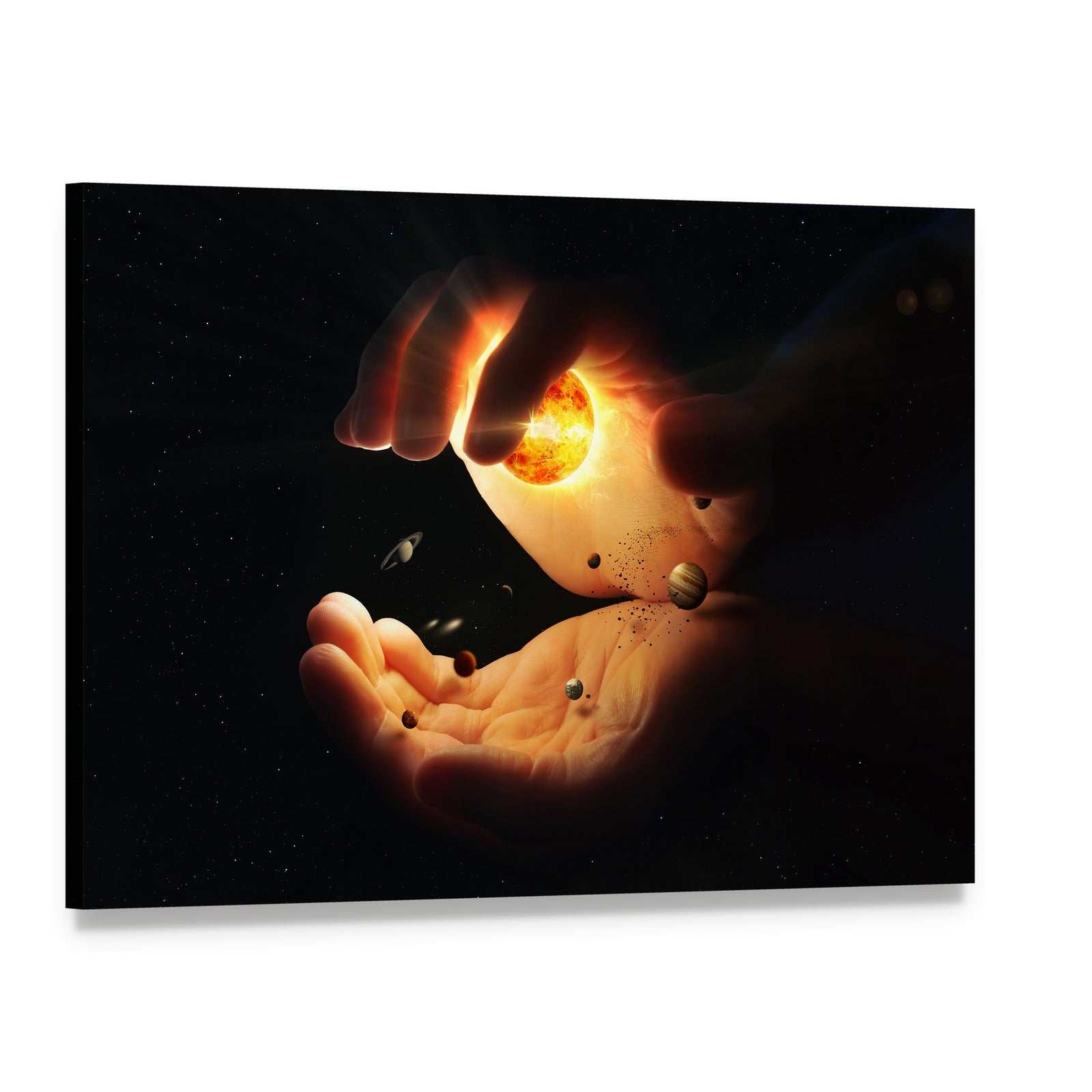 Solar System Held in Hands Canvas Wall Art, single panel gallery wrapped canvas, angled product view