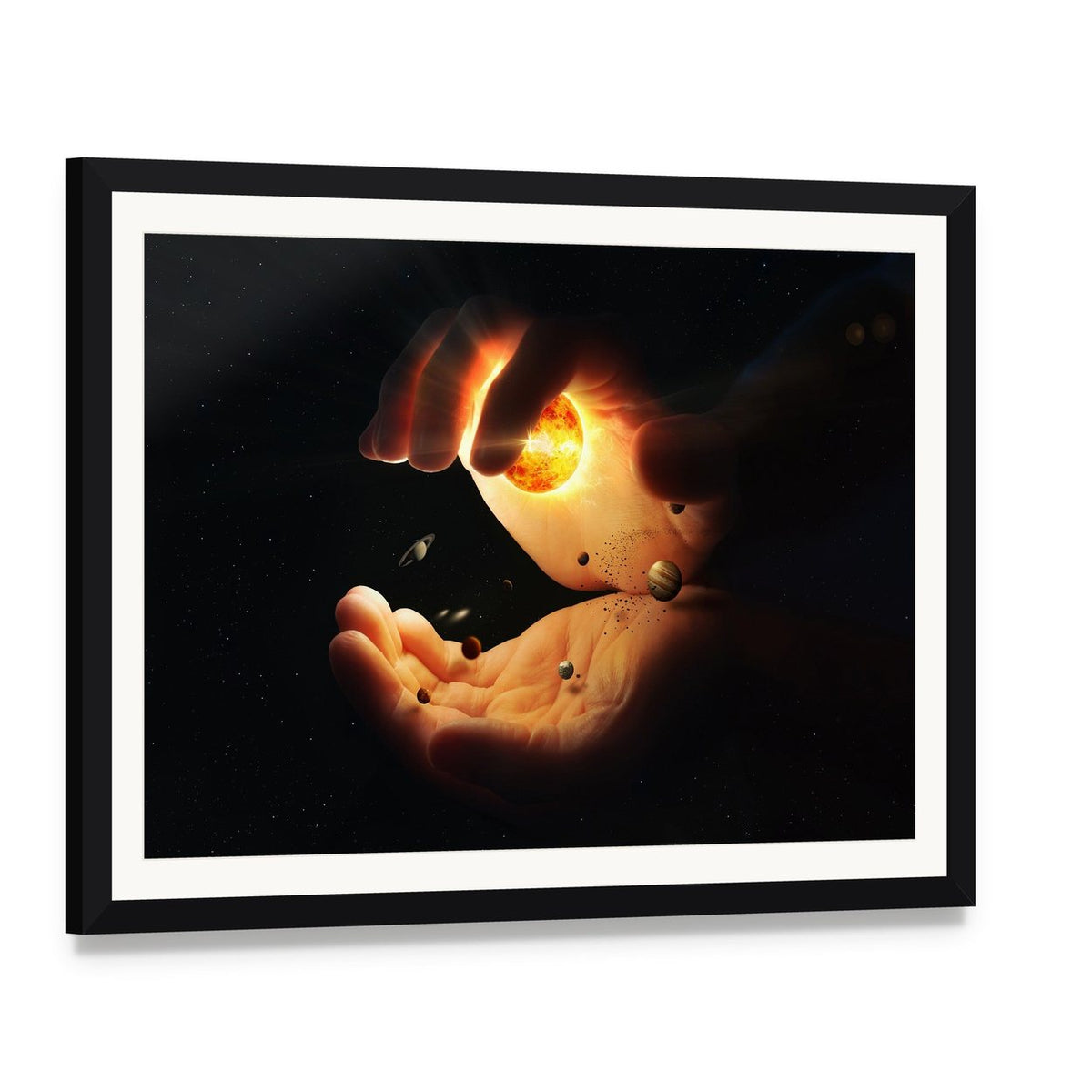 Solar System Held in Hands Canvas Wall Art, framed print with white mat and black frame, angled product view