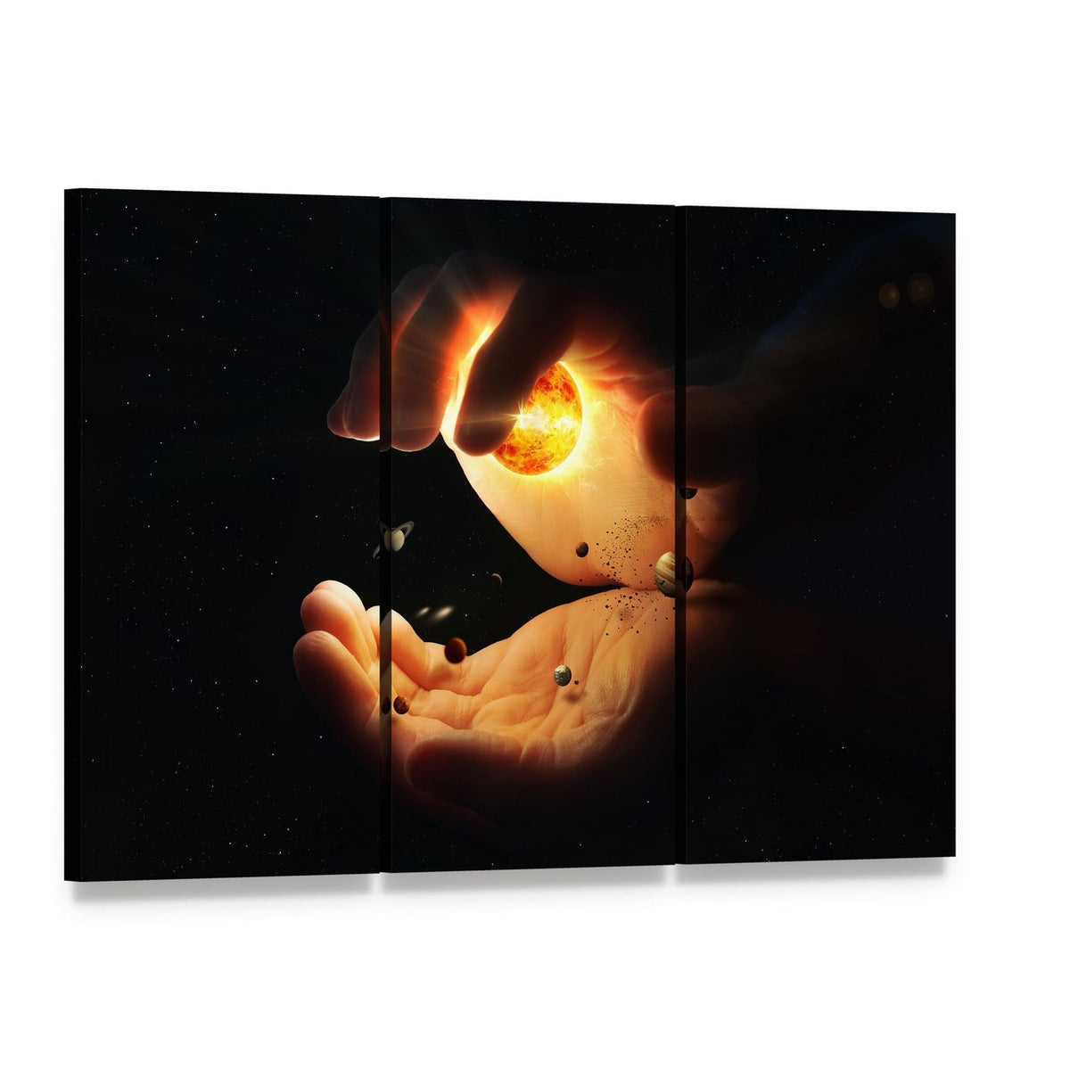 Solar System Held in Hands Canvas Wall Art, 3 panel 3 Horizontal layout gallery wrapped canvas set, angled product view