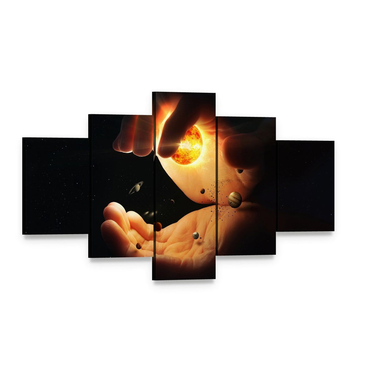 Solar System Held in Hands Canvas Wall Art, 5 panel 5 Star layout gallery wrapped canvas set, angled product view