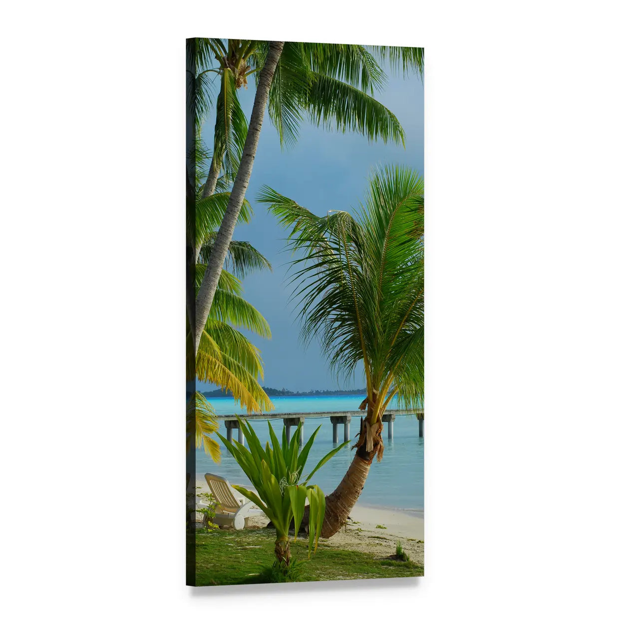 Tropical Beach with Palm Trees and Pier Vertical Canvas Wall Art, 1 panel 1 Vertical layout gallery wrapped canvas set, angled product view