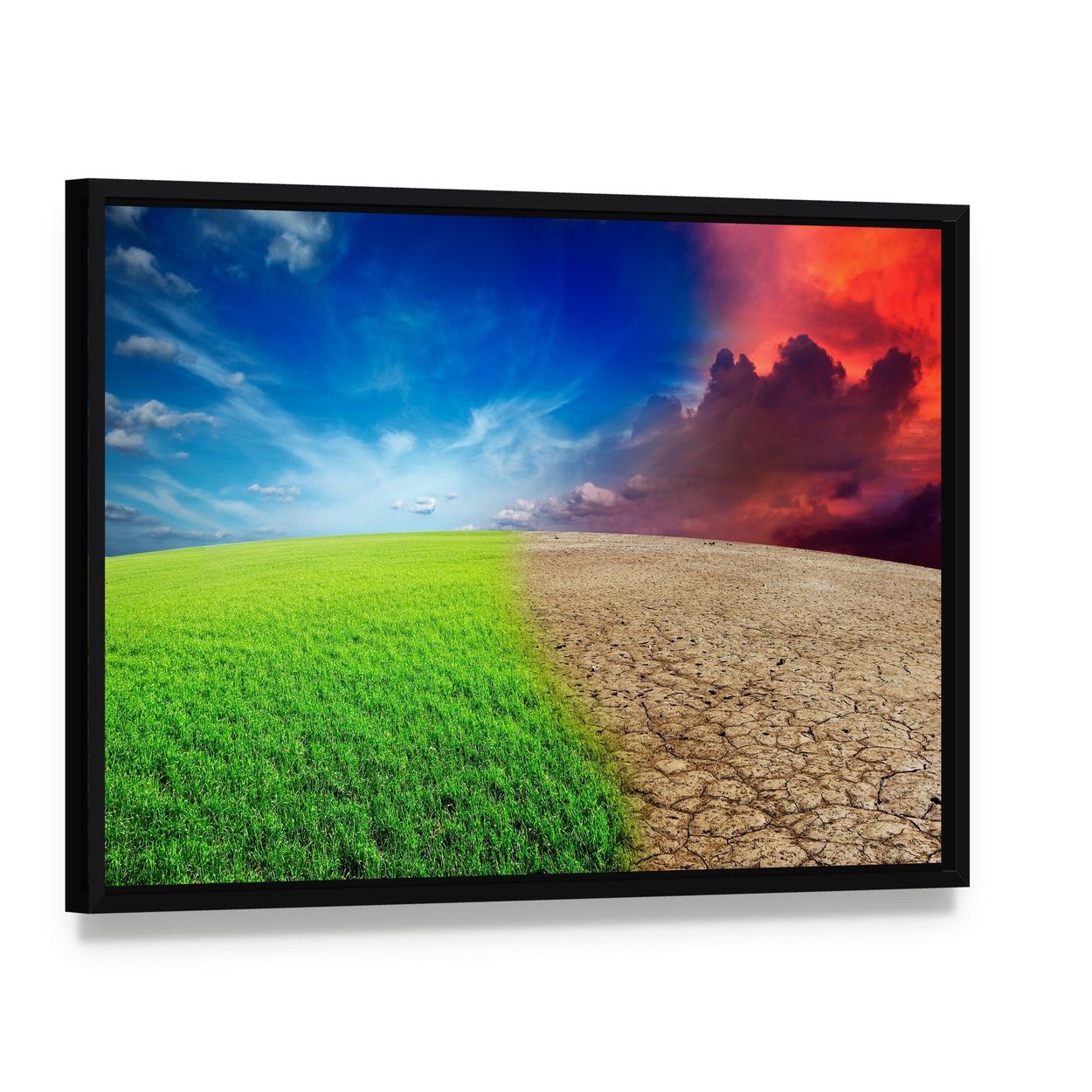 Contrasting Landscape of Climate Change Canvas Wall Art, framed canvas in a black floater frame, angled product view