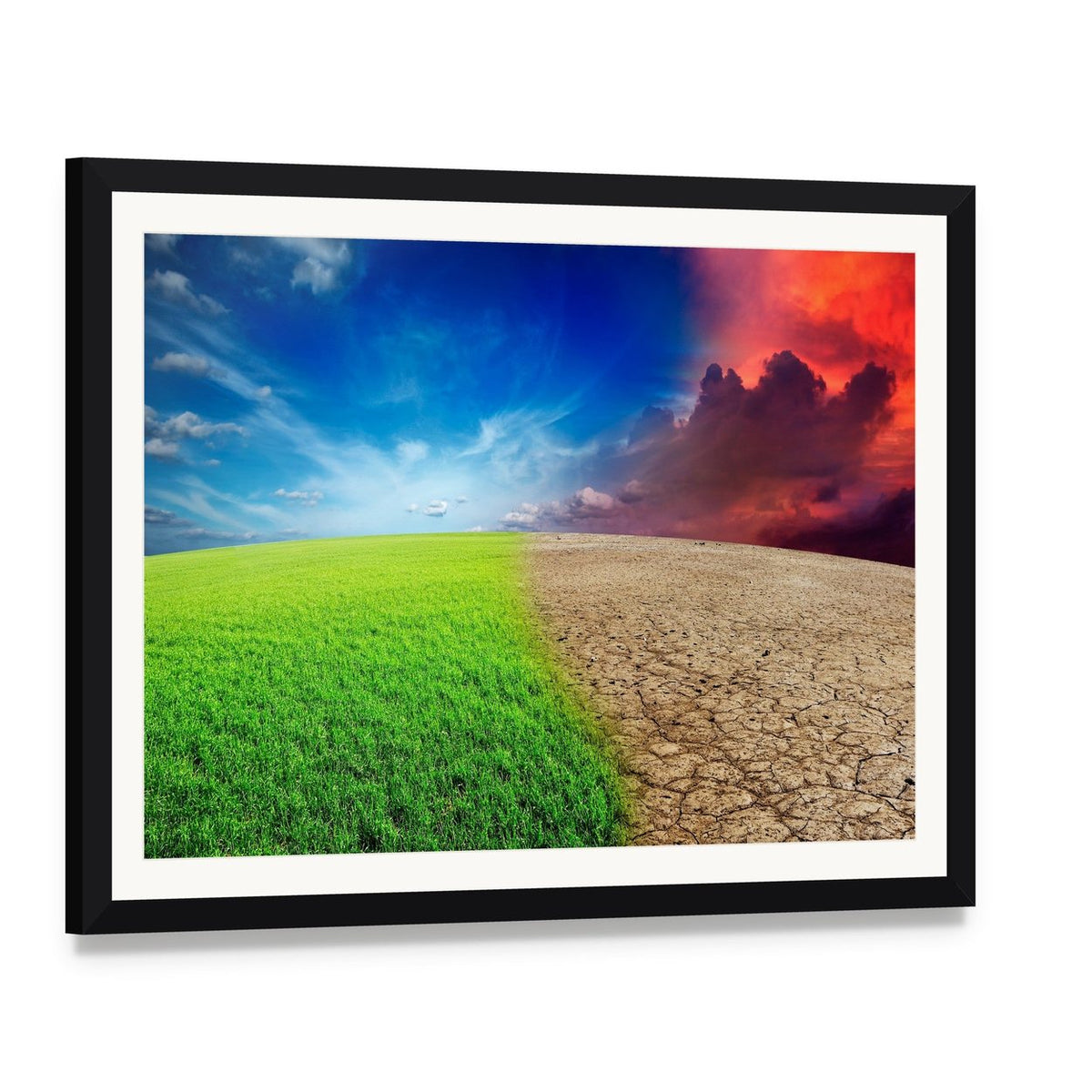 Contrasting Landscape of Climate Change Canvas Wall Art, framed print with white mat and black frame, angled product view
