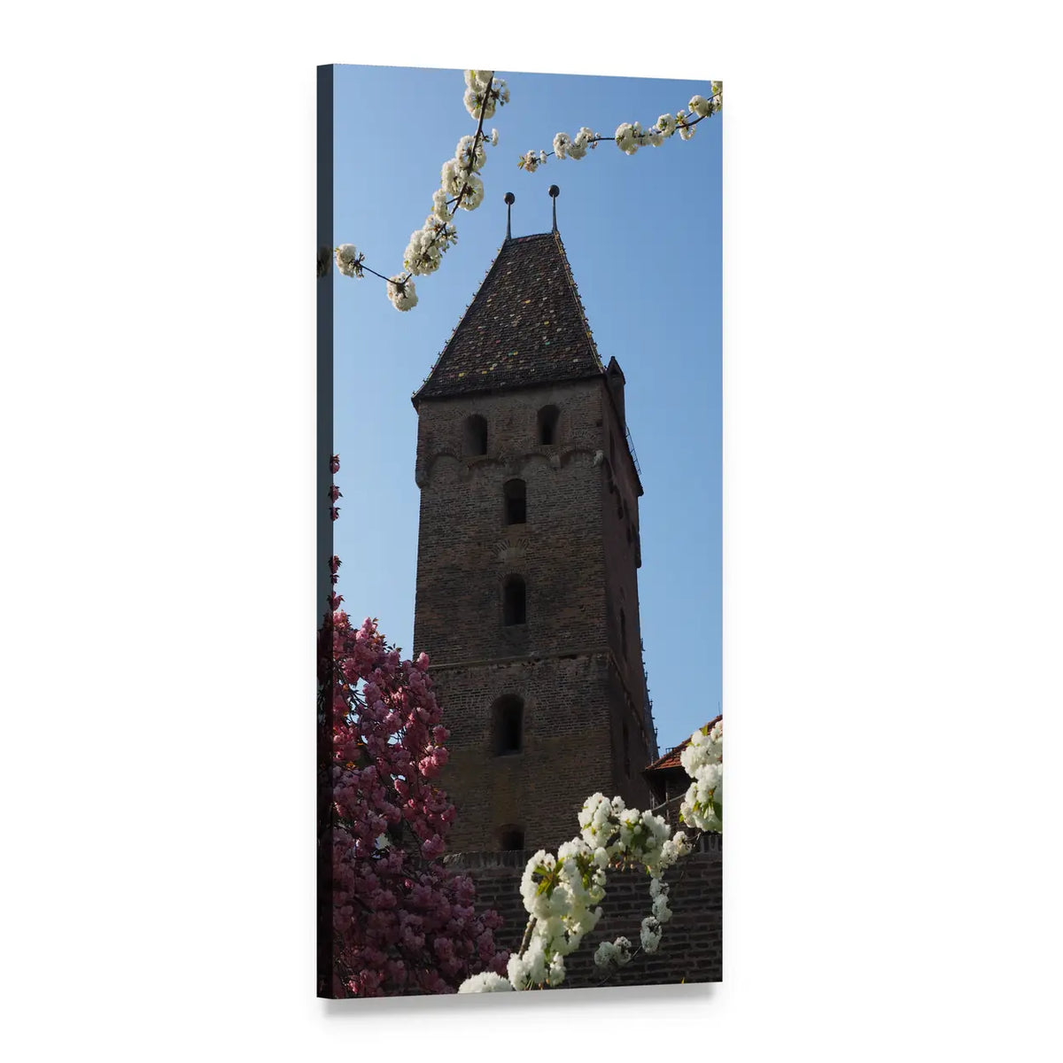 Stone Tower with Spring Blossoms Vertical Canvas Wall Art, 1 panel 1 Vertical layout gallery wrapped canvas set, angled product view