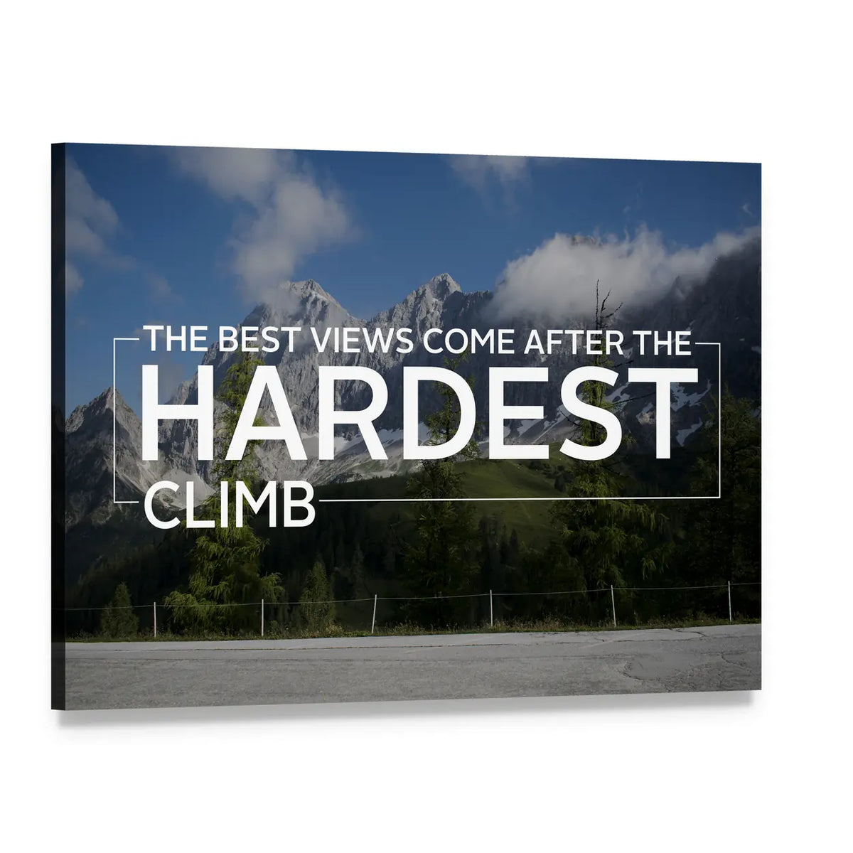 Workout Quote Over Alpine Mountain Road Canvas Wall Art, single panel gallery wrapped canvas, angled product view