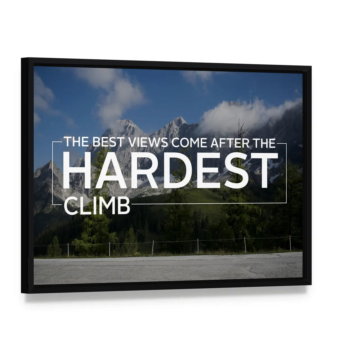 Workout Quote Over Alpine Mountain Road Canvas Wall Art, framed canvas in a black floater frame, angled product view