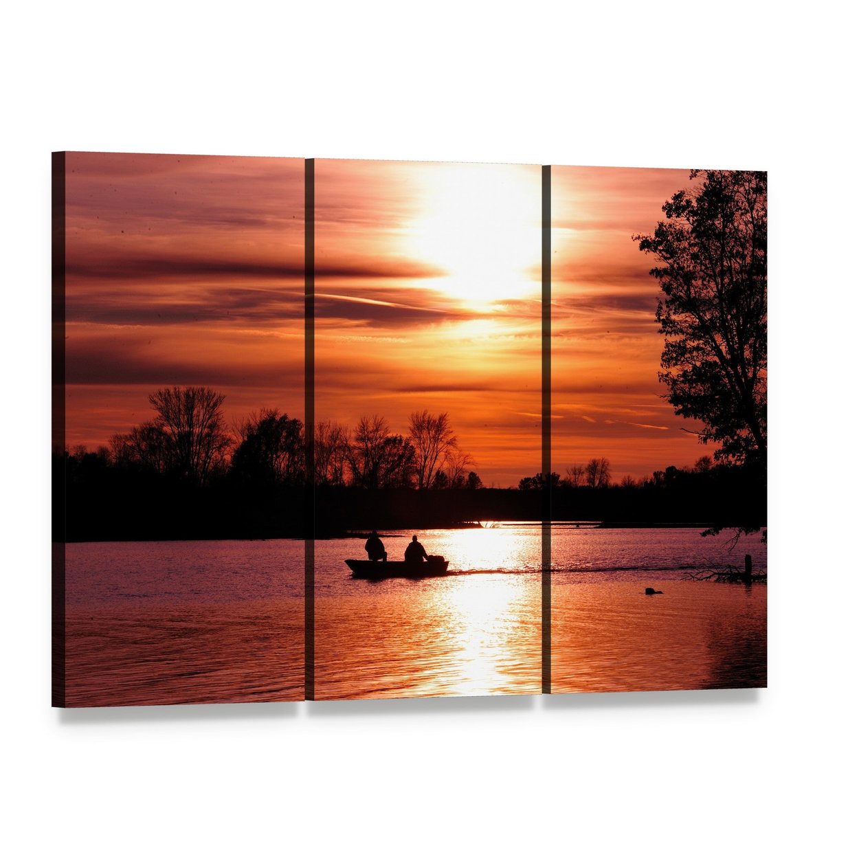 Fishing Boat at Sunset Canvas Wall Art, 3 panel 3 Horizontal layout gallery wrapped canvas set, angled product view