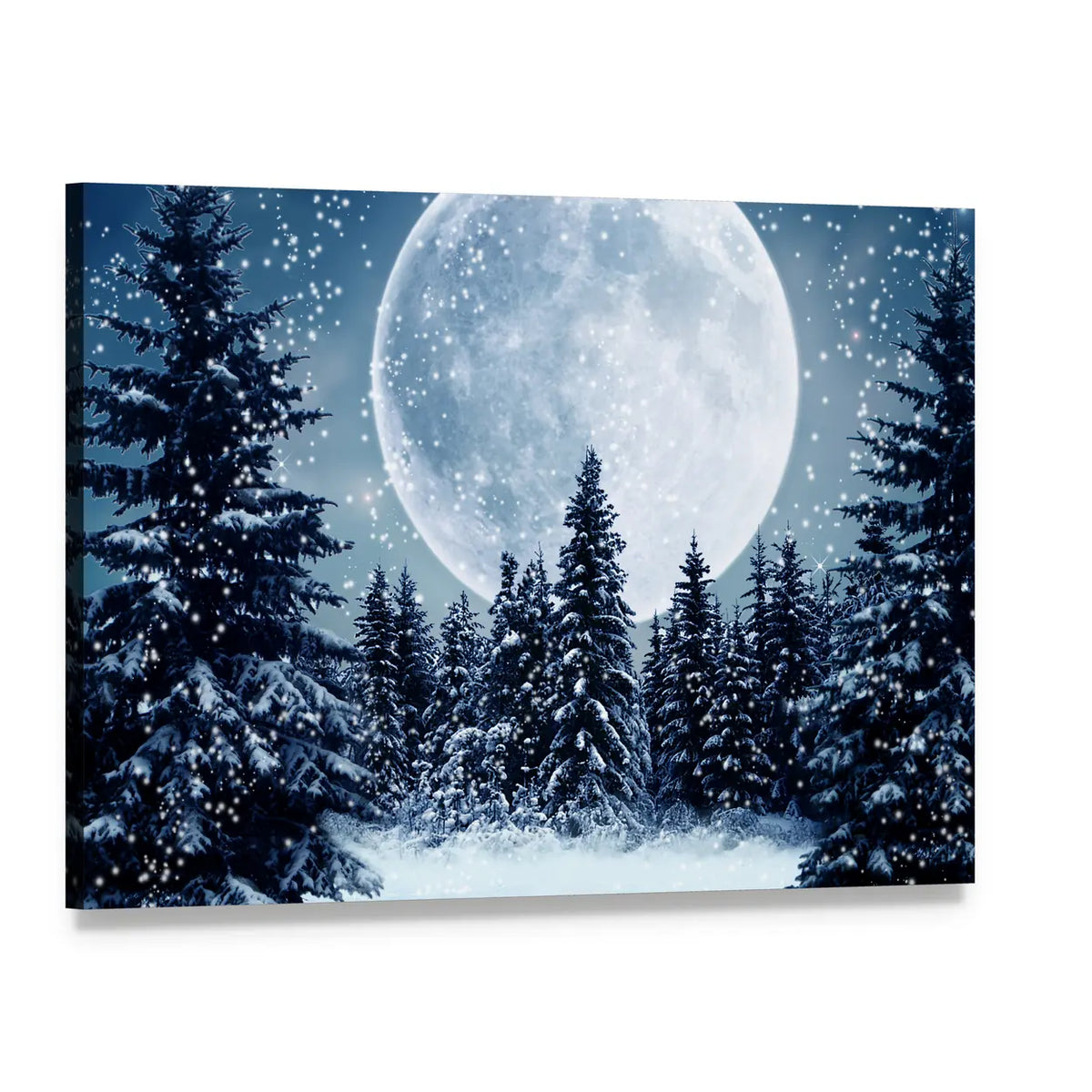 Full Moon Over Snowy Pines Canvas Wall Art, single panel gallery wrapped canvas, angled product view