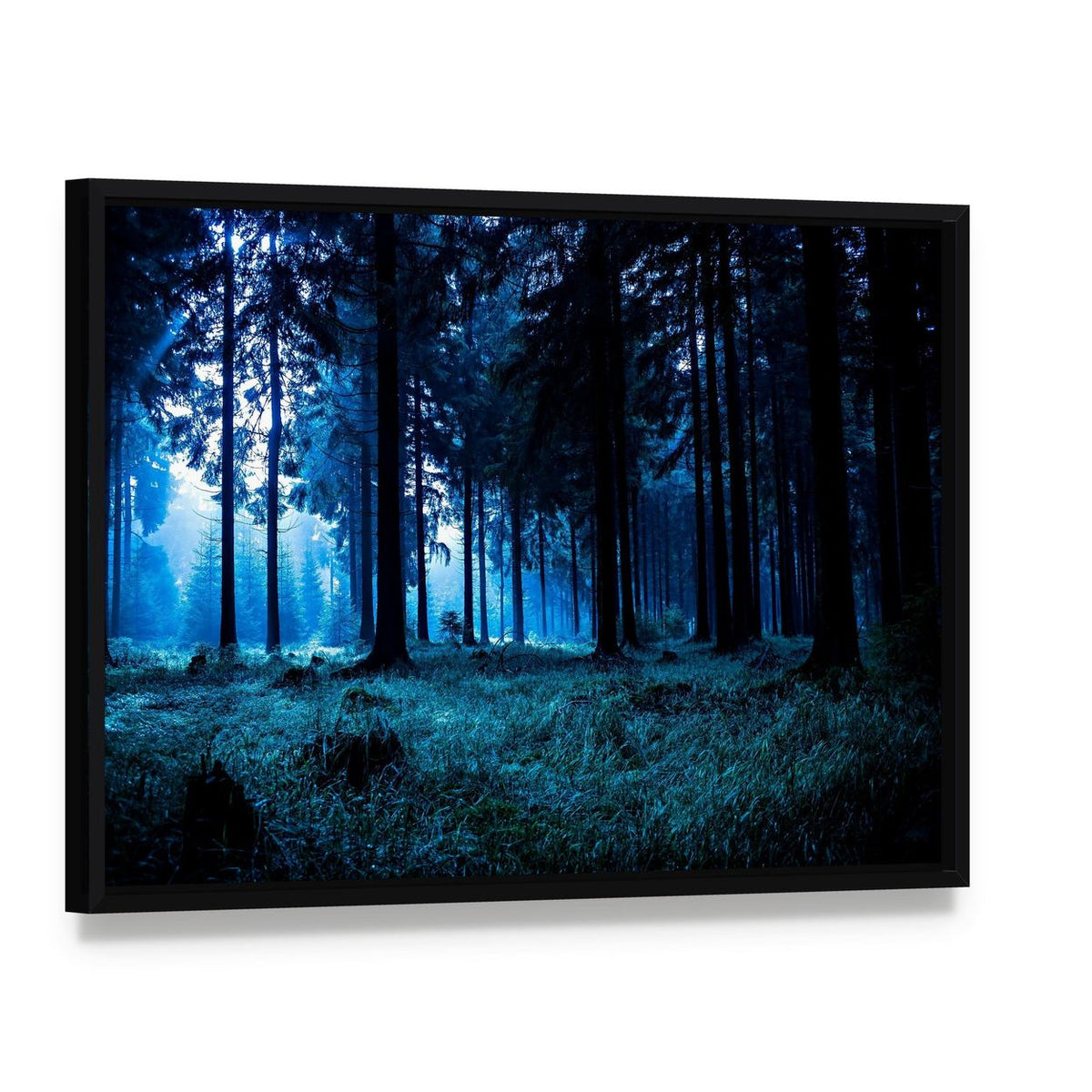 Misty Autumn Forest Landscape Canvas Wall Art, framed canvas in a black floater frame, angled product view