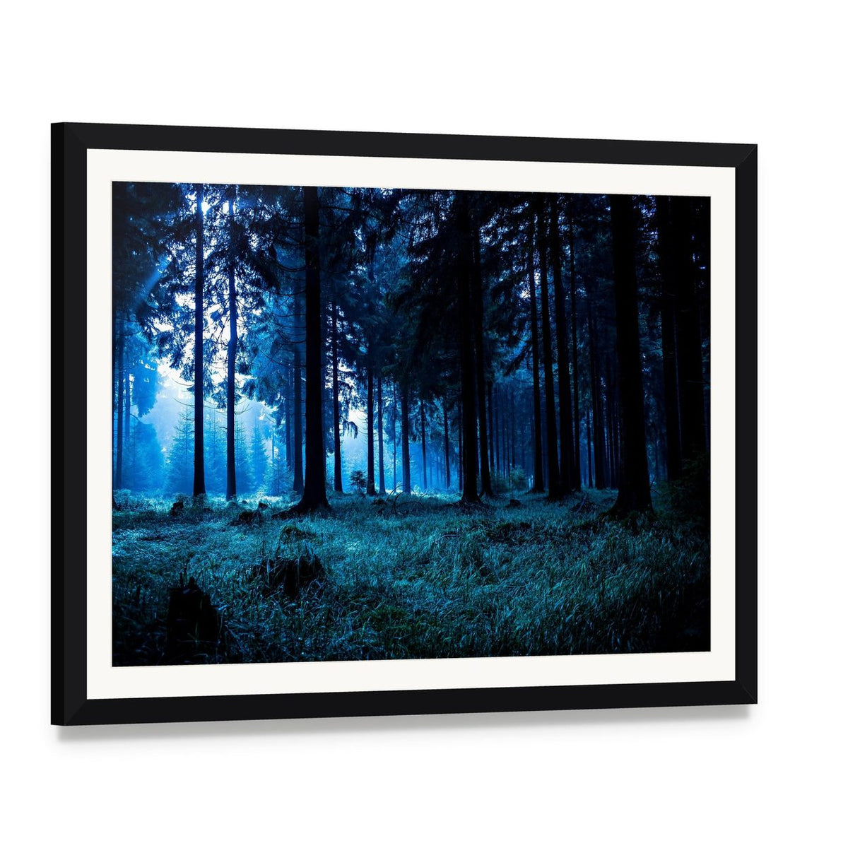 Misty Autumn Forest Landscape Canvas Wall Art, framed print with white mat and black frame, angled product view