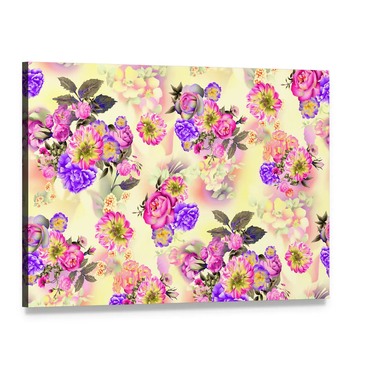 Summer Garden Roses and Iris Canvas Wall Art, single panel gallery wrapped canvas, angled product view