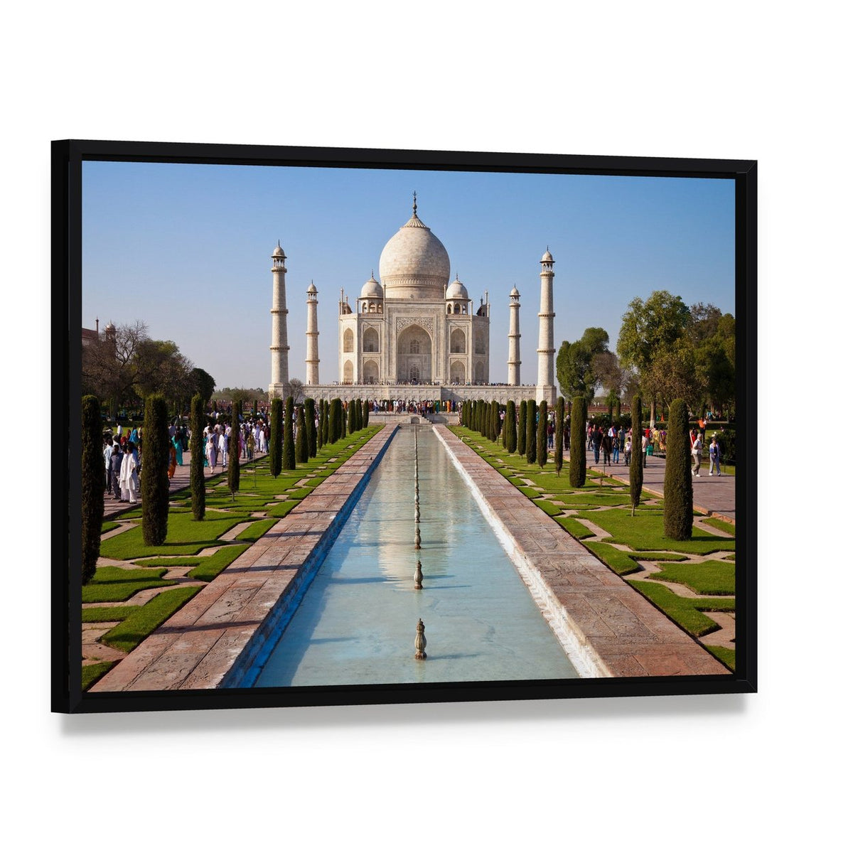Taj Mahal in India Canvas Wall Art, framed canvas in a black floater frame, angled product view