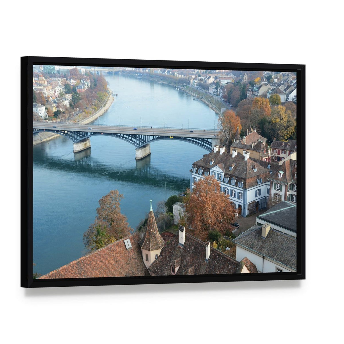 Basel Switzerland Cityscape Canvas Wall Art, framed canvas in a black floater frame, angled product view