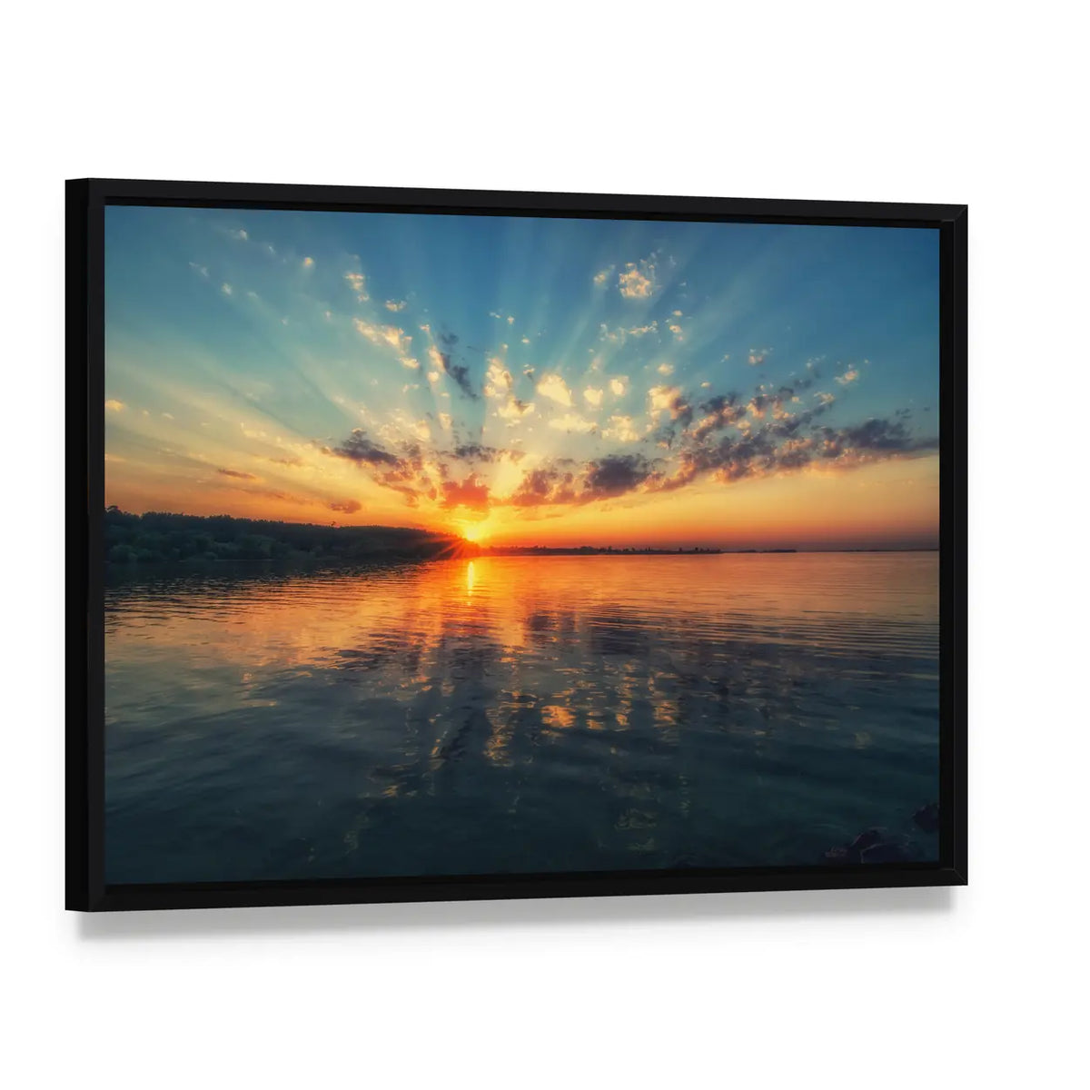 Sunset River with Rippling Reflection Canvas Wall Art, framed canvas in a black floater frame, angled product view