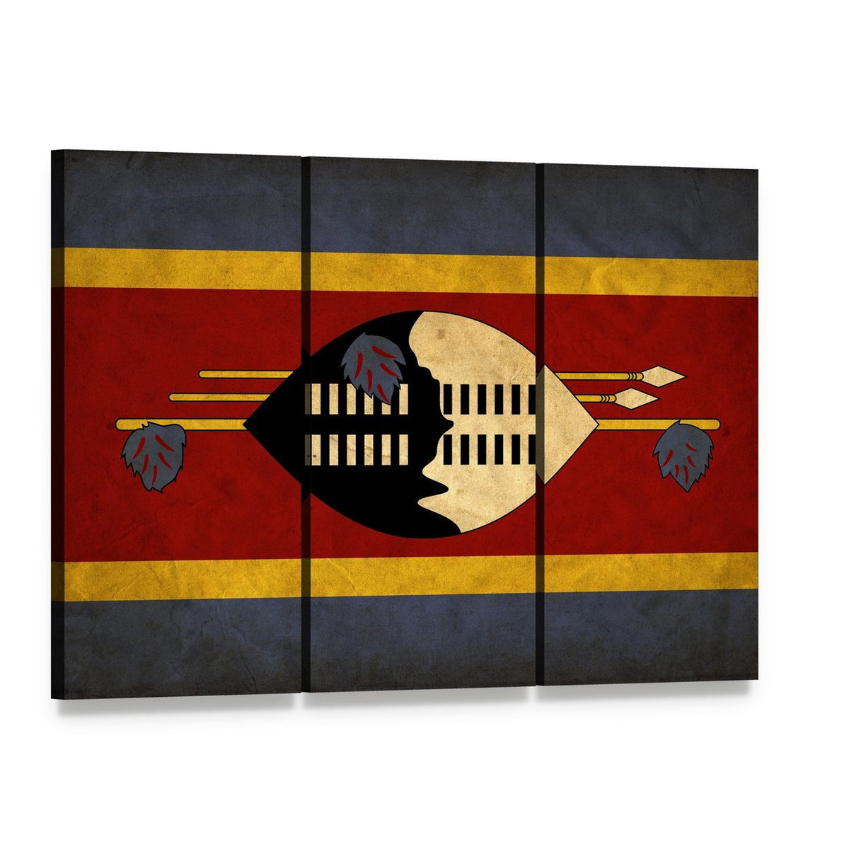 Eswatini Grunge Flag Canvas Wall Art, 3 panel 3 Horizontal layout gallery wrapped canvas set, angled product view