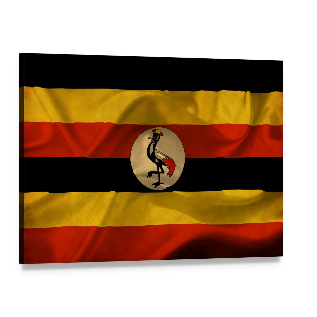 Uganda Waving Flag with Grey Crowned Crane Canvas Wall Art, single panel gallery wrapped canvas, angled product view