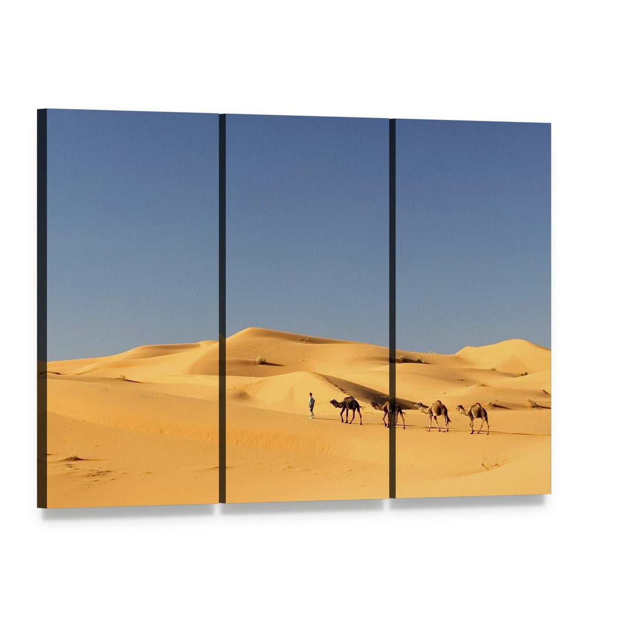 Camel Caravan in Desert Canvas Wall Art, 3 panel 3 Horizontal layout gallery wrapped canvas set, angled product view