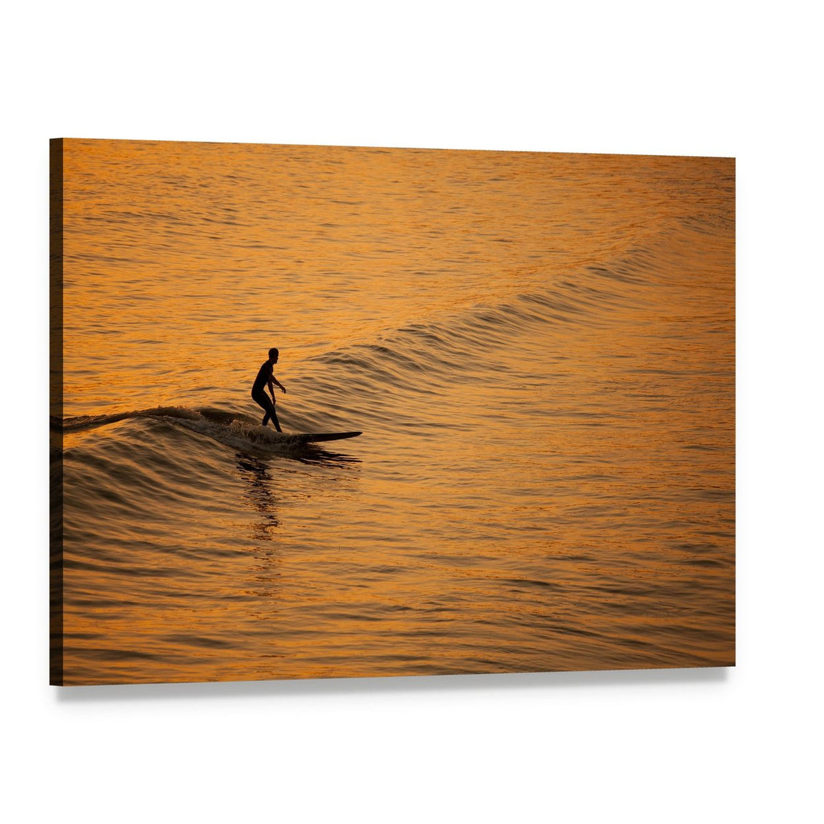 Surfer at Sunset on Calm Ocean Canvas Wall Art, single panel gallery wrapped canvas, angled product view
