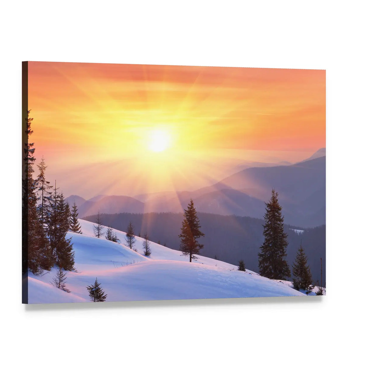Sunset Over Snowy Mountains Canvas Wall Art, single panel gallery wrapped canvas, angled product view