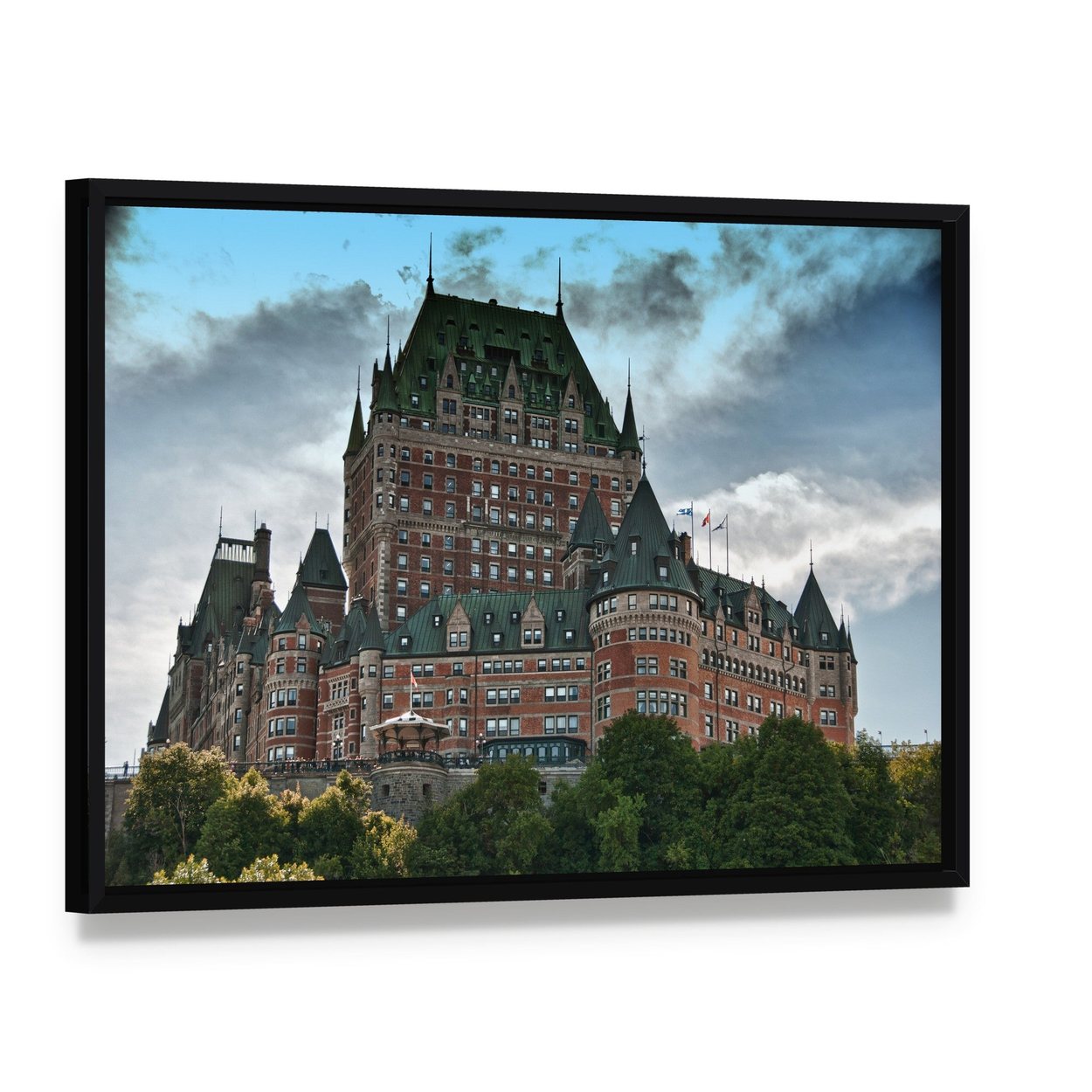 Chateau Frontenac, Quebec City Canvas Wall Art, framed canvas in a black floater frame, angled product view