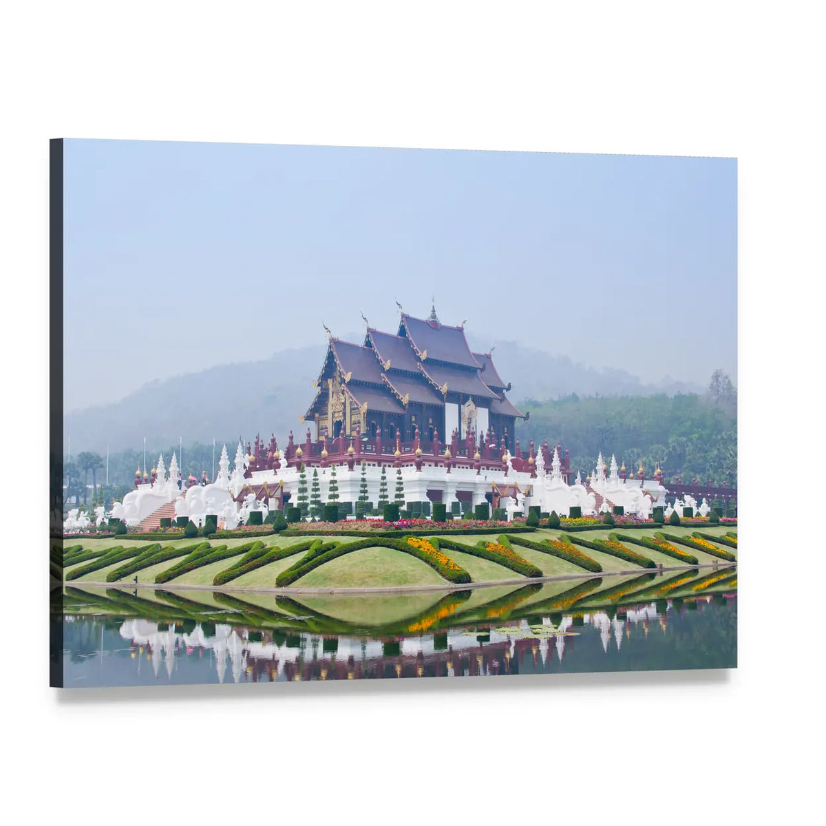 Northern Thai Temple with Reflecting Pool Canvas Wall Art, single panel gallery wrapped canvas, angled product view