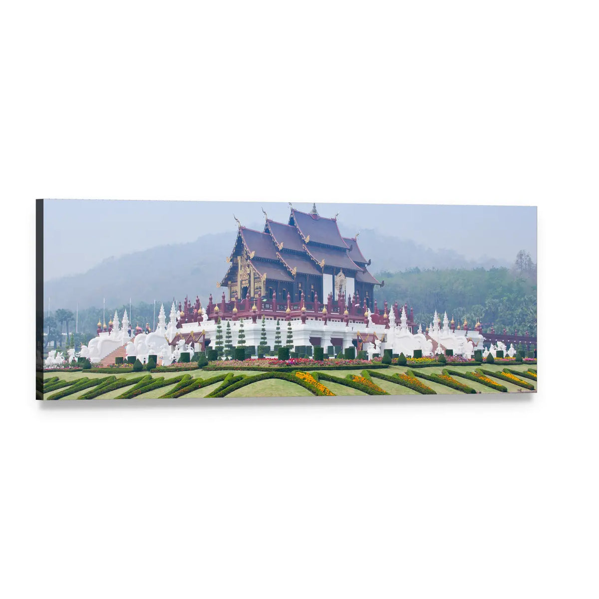 Northern Thai Pavilion with Lanna Roofs Panoramic Canvas Wall Art, single panel gallery wrapped canvas, angled product view