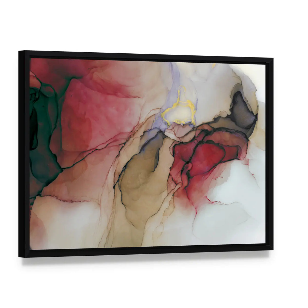 Alcohol Ink Abstract with Gold Accents Canvas Wall Art, framed canvas in a black floater frame, angled product view