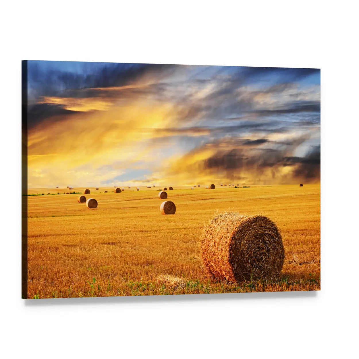 Hay Bales at Golden Sunset Canvas Wall Art, single panel gallery wrapped canvas, angled product view