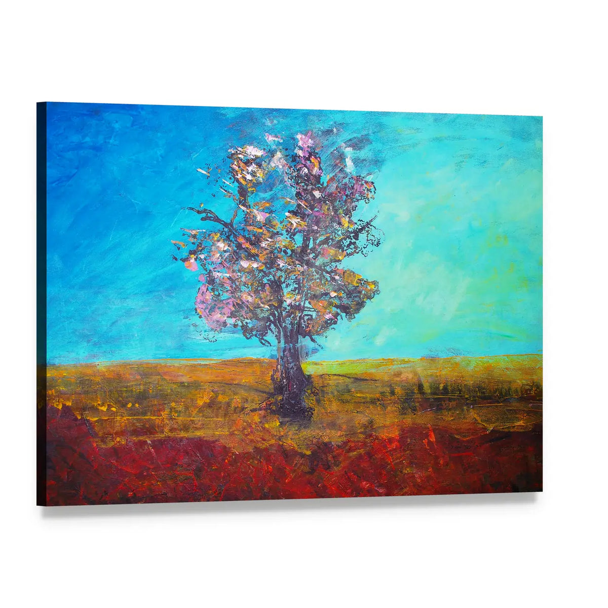 Solitary Blossom Tree in Field Canvas Wall Art, single panel gallery wrapped canvas, angled product view