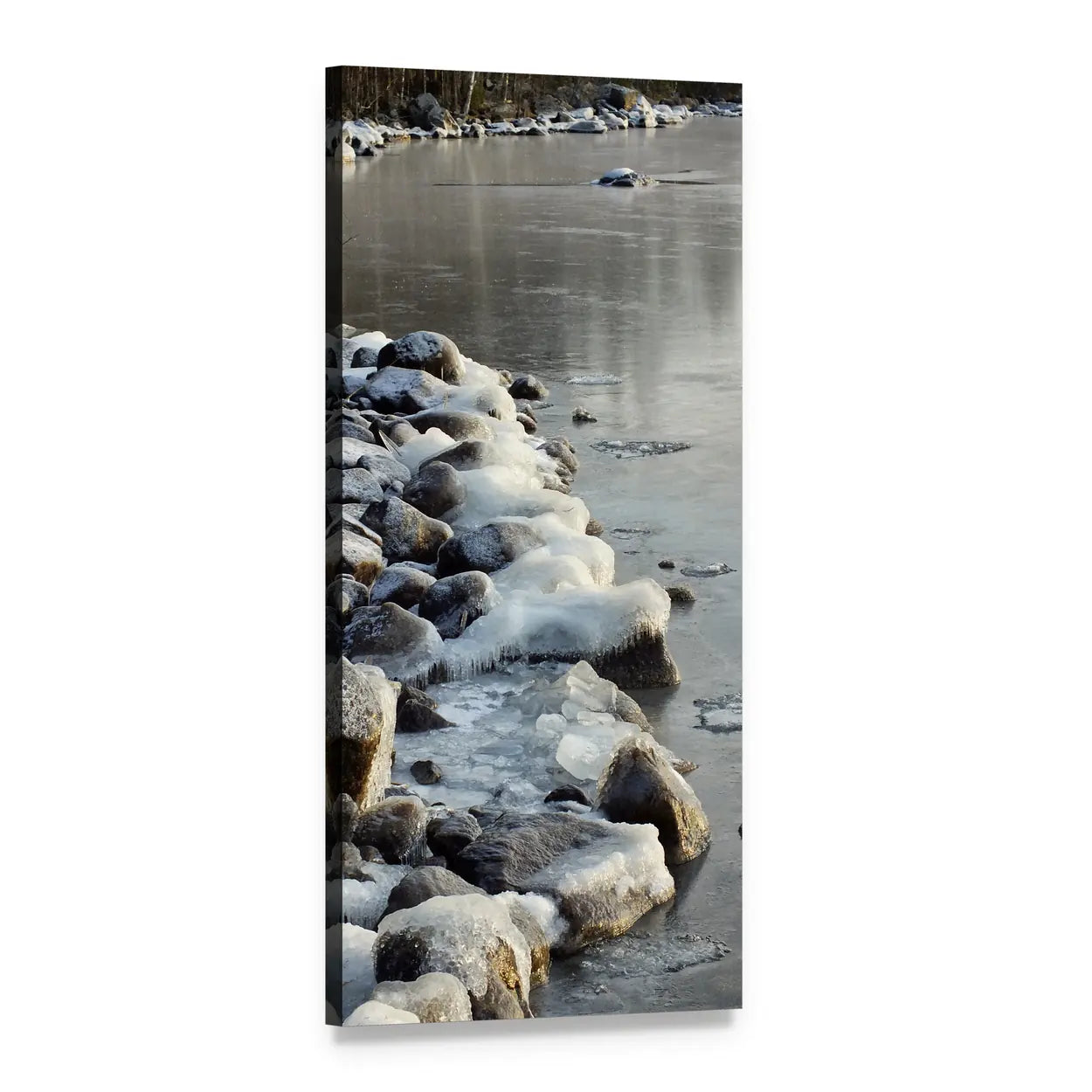 Ice-covered Rocks on Frozen Shoreline Vertical Canvas Wall Art, 1 panel 1 Vertical layout gallery wrapped canvas set, angled product view