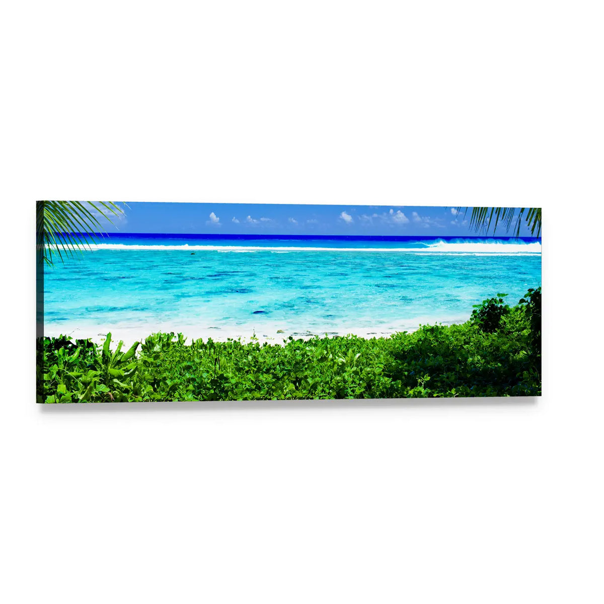 Turquoise Tropical Beach Lagoon Panoramic Canvas Wall Art, single panel gallery wrapped canvas, angled product view