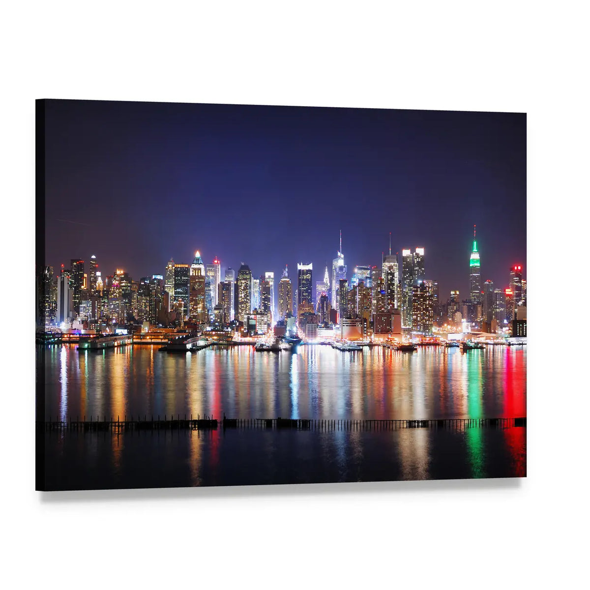 Times Square Reflections Over Hudson River Canvas Wall Art, single panel gallery wrapped canvas, angled product view