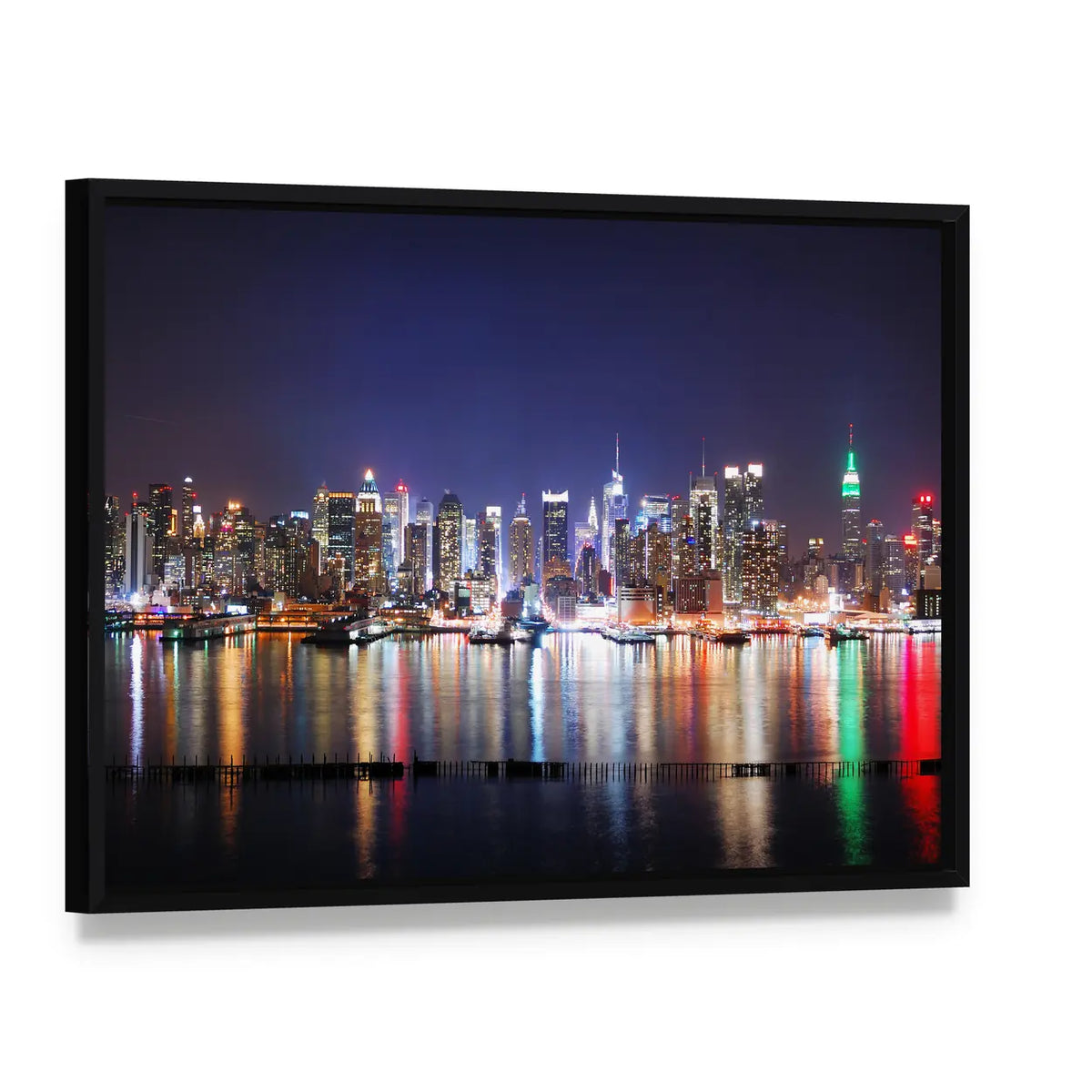 Times Square Reflections Over Hudson River Canvas Wall Art, framed canvas in a black floater frame, angled product view